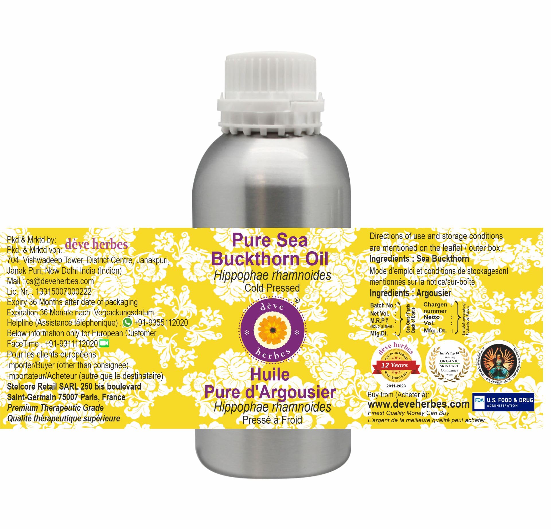 Deve Herbes Pure Sea Buckthorn Oil (Hippophae rhamnoides) Cold Pressed 1250ml, (42 oz)