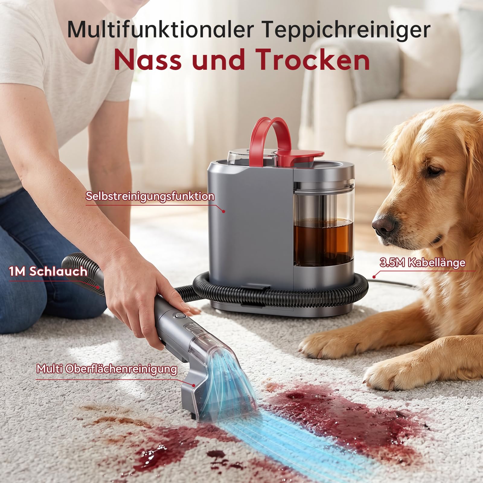 Nasssauger Polsterreiniger Gerät,600 W– 22 kPa Teppichreiniger Waschsauger,Tragbares Teppich-Reinigungsgerät mit Selbstreinigung und langem Schlauch für Sofas,Teppiche & Auto-Innenräume
