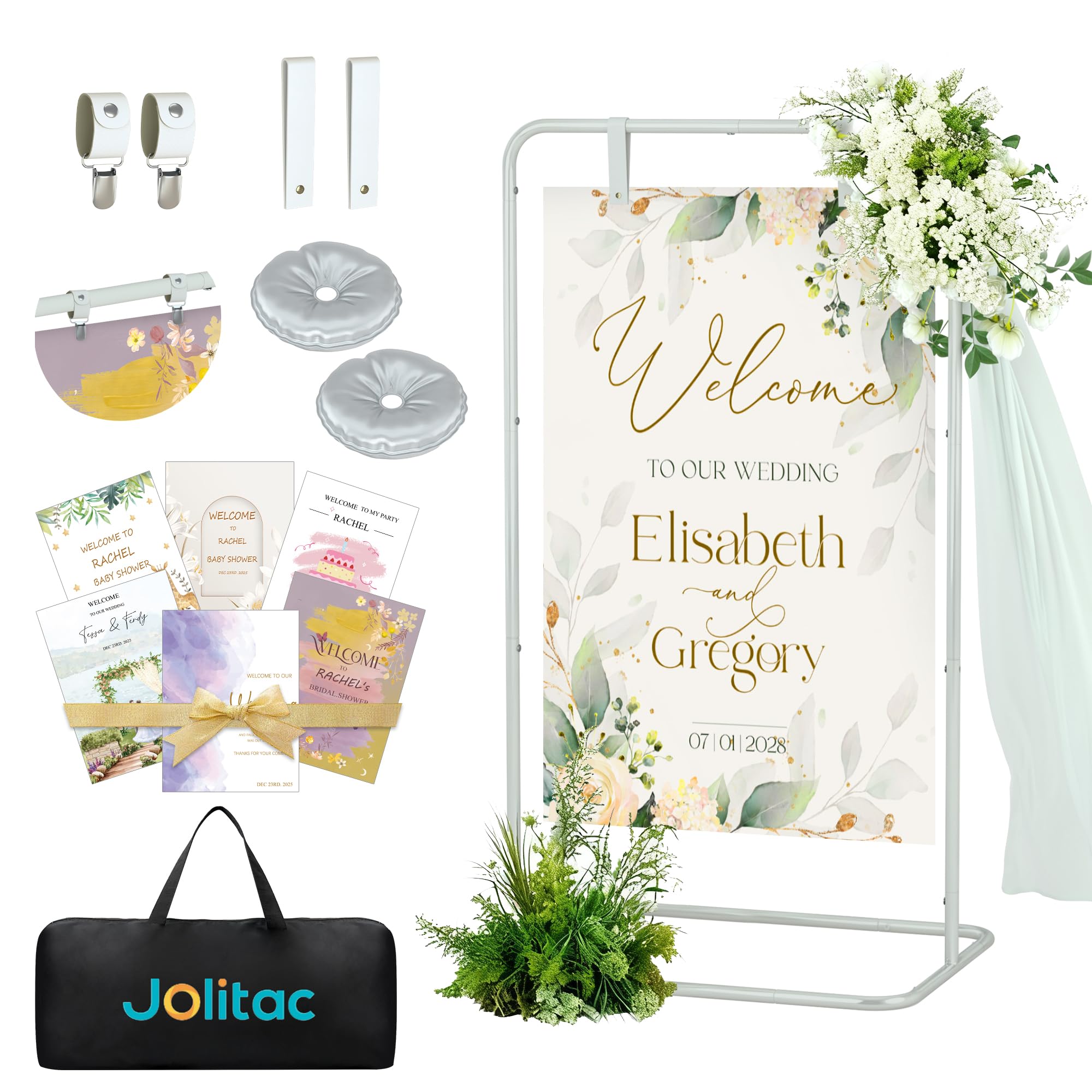 Photo 1 of Jolitac Wedding Welcome Sign Holder, Adjustable Wedding Sign Stand Leather Hanging Straps & Design Bundle Heavy Duty Metal Easel Stand for Seating Charts, Bridal Showers, Birthday Party Displays
