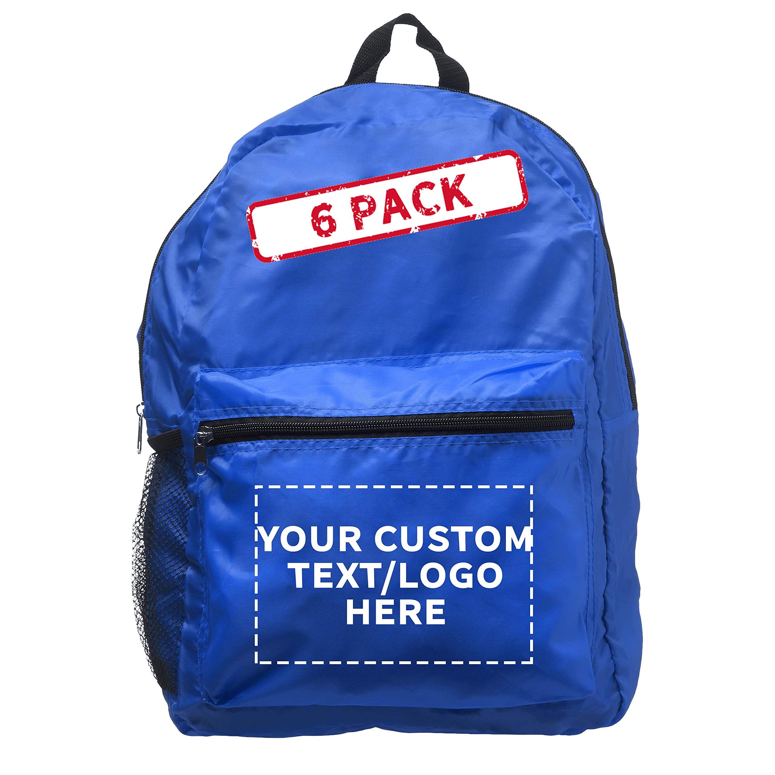 DISCOUNT PROMOS Custom Simple Functional Backpacks Set of 6, Personalized Bulk Pack - Water Resistant, Lightweight - Blue