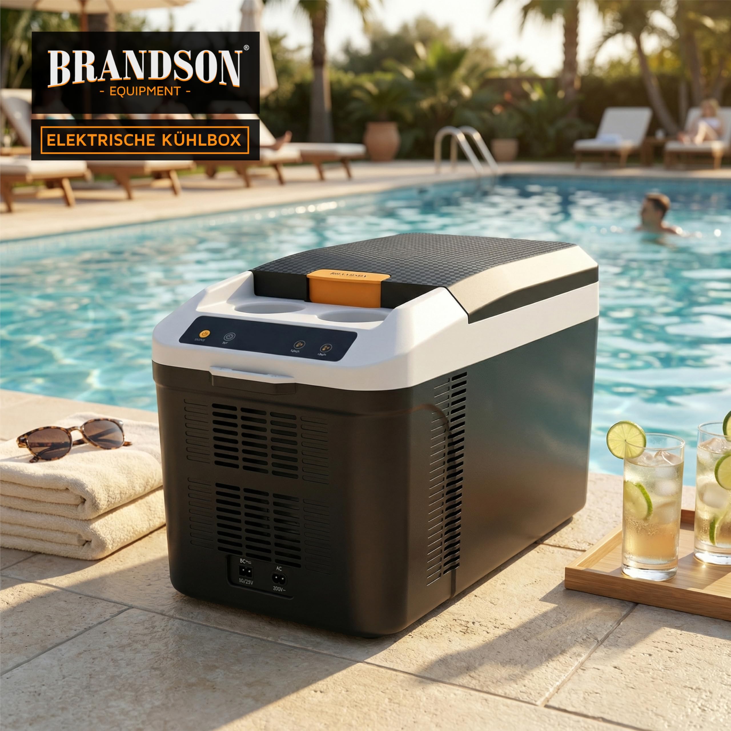 Brandson - Kfz Kühlbox elektrisch 14L – 230 V Netzspannung und 12 V KFZ Bordspannung – kühlt und wärmt – Heizen max. 65°C – Herabkühlen ca 20°C unter der Umgebungstemperatur - Auto Wohnmobil Boot