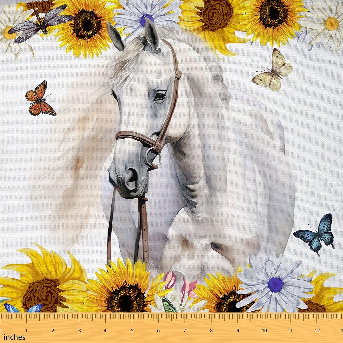 White Horse Fabric by The Yard Sunflower Upholstery Fabric Dragonfly Butterfly Decorative Fabric Yellow Floral Indoor Outdoor Fabric for Adult Boy Girls, Waterproof Quilting Sewing 3 Yards