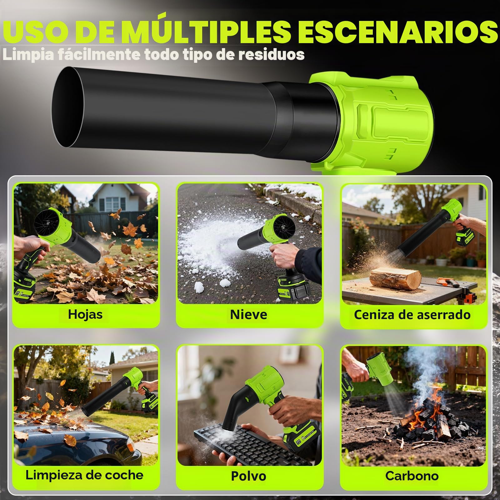 Soplador de Hojas, Soplador Turbo Jet, Soplador de Aire Potente con 2 Baterías 800000 RPM, Ideal para Jardín, Coche, Patio, Nieve y Camping, Verde