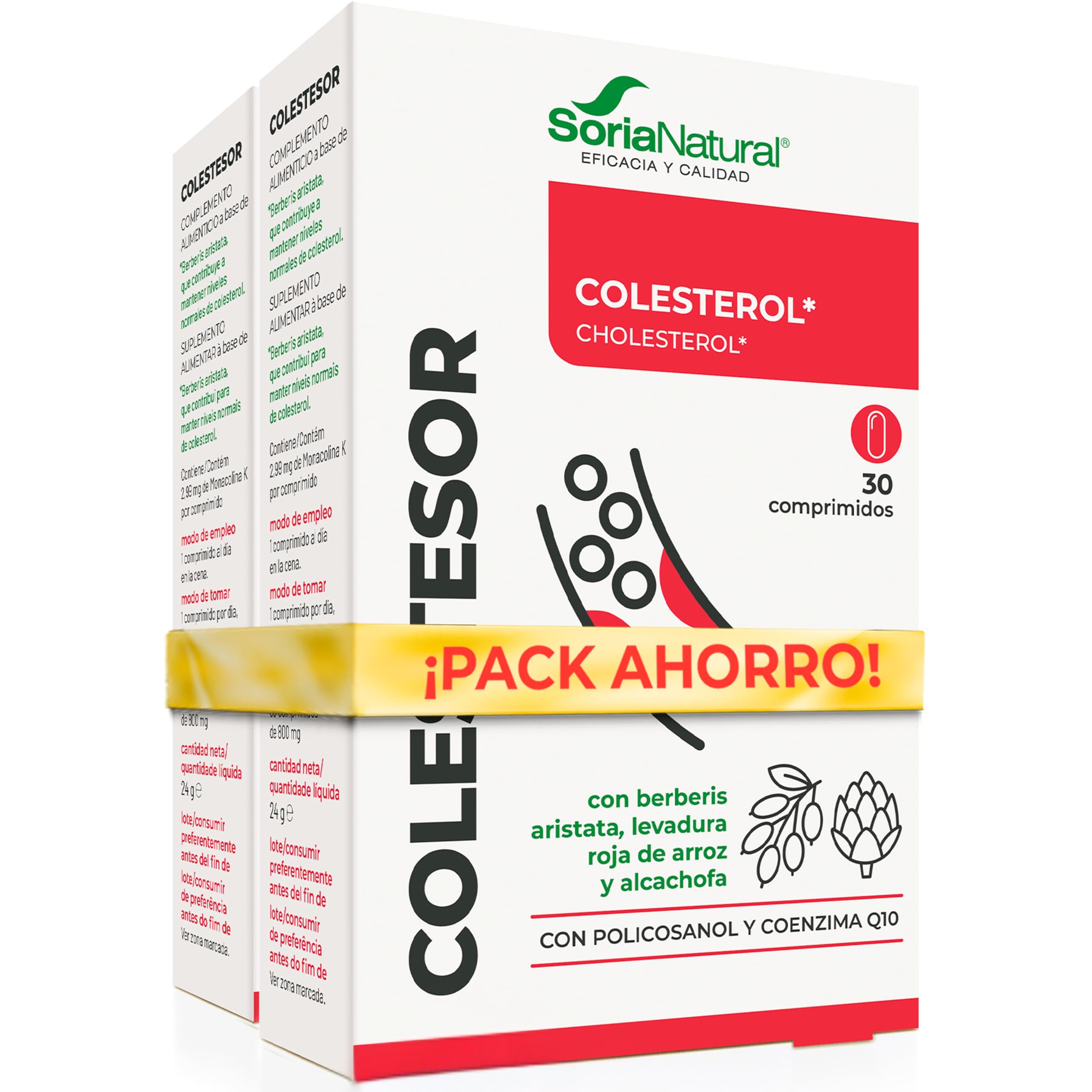 Soria Natural COLESTESOR - Levadura de Arroz Rojo, Berberis, Alcachofa, Coenzima Q10 y Policosanol - Complemento Natural para Controlar Colesterol y Trigliceridos - PACK2