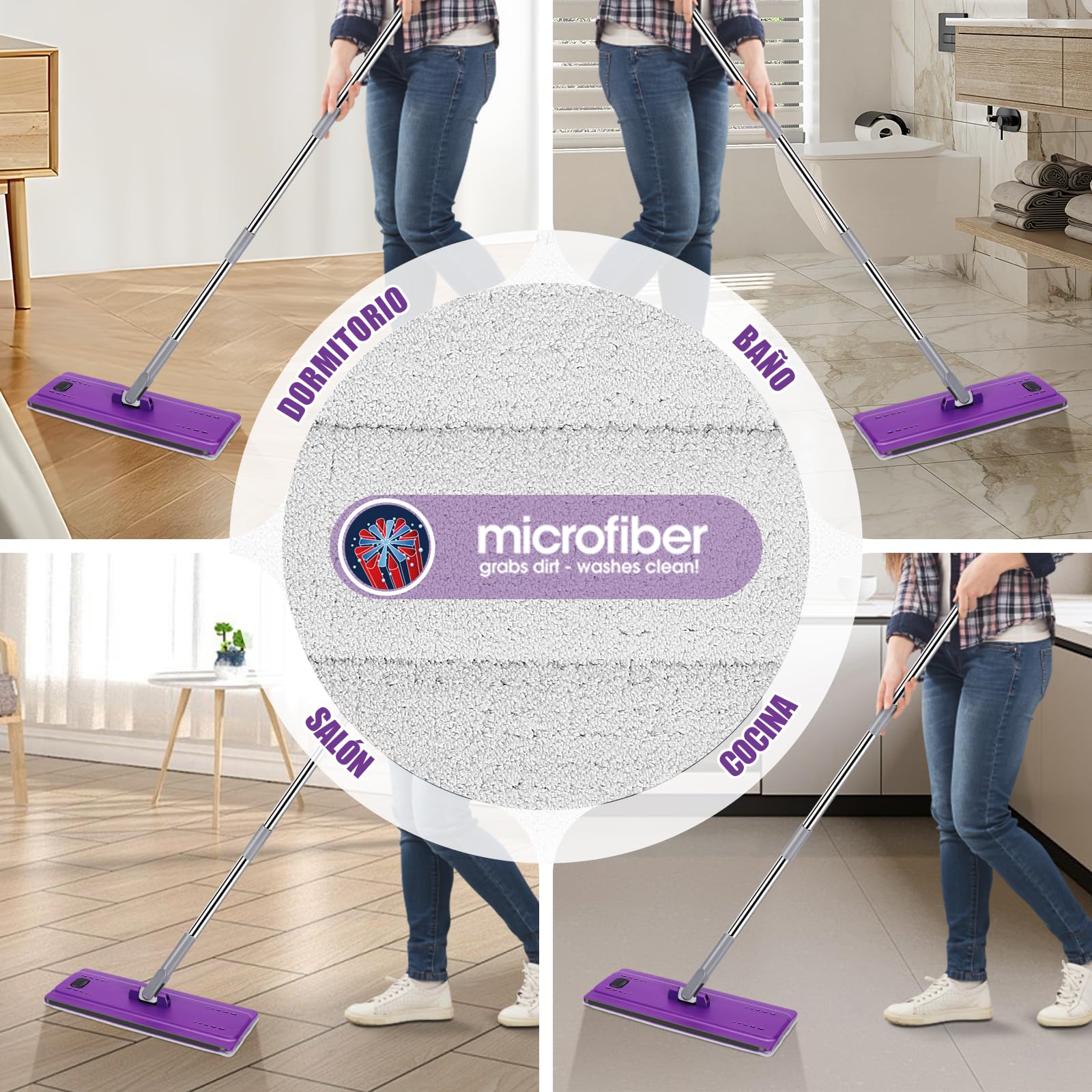HEVOL Balai Serpillère Essoreur avec Seau, Balai Serpillère Autonettoyante avec 5 Tampons Réutilisables, Balai Plat Microfibre Rotative 360° pour Nettoyer Sol, Violet
