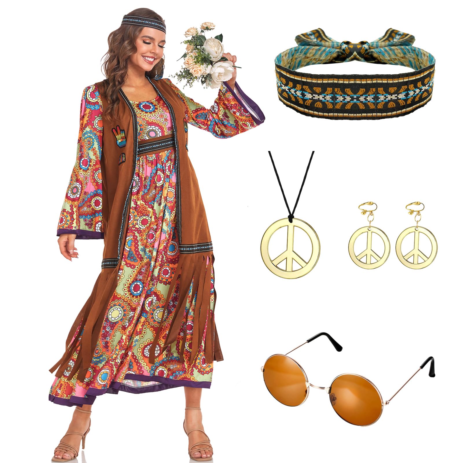 Amycute 60s 70s Hippie Dress Costume Accessories for Women, Ladies Disco  Fancy Dress Outfit Set 60s 70s Hippy Costume Hippie Clothes - BigaMart