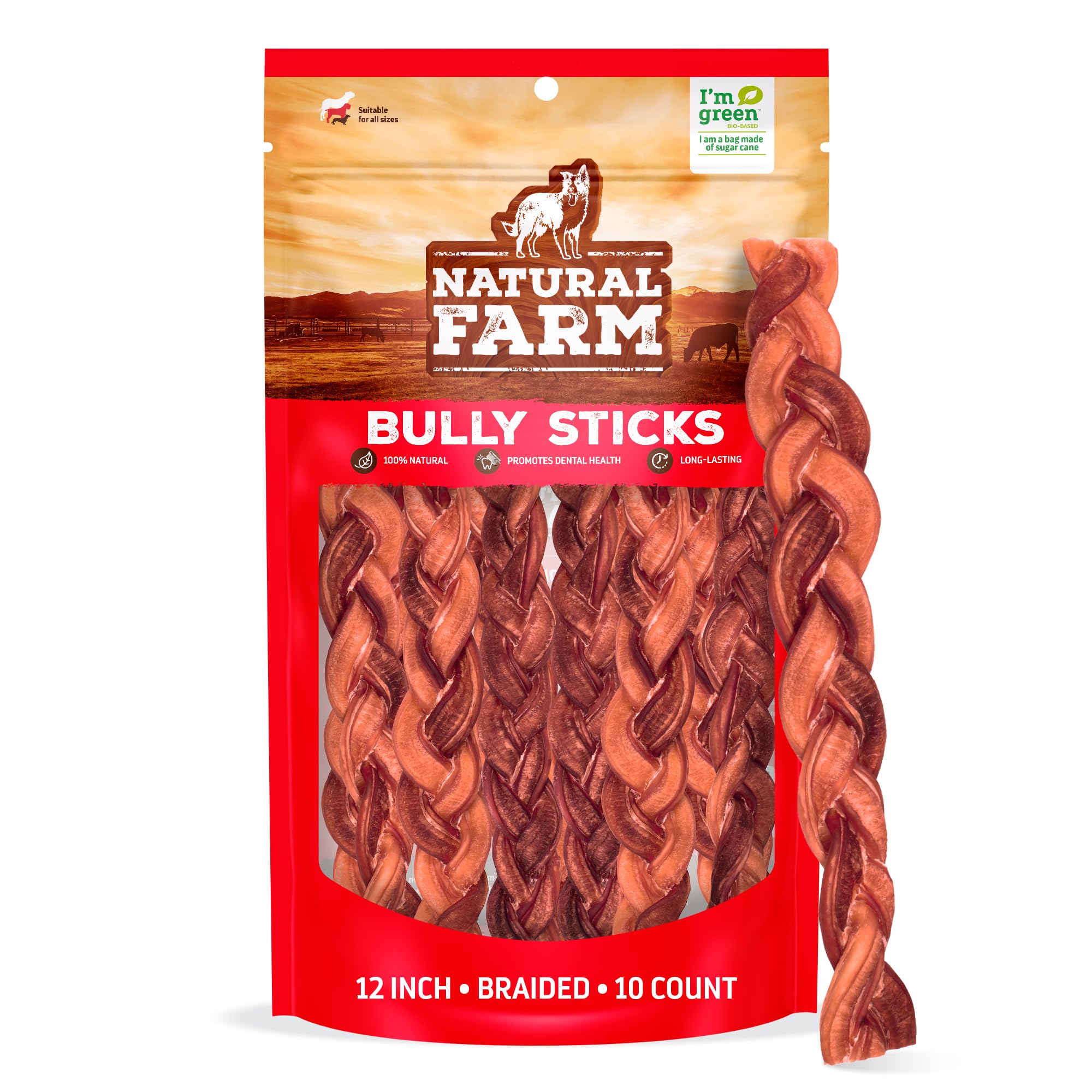 Natural Farm Odor-Free Braided Bully Sticks (12 Inch, 10 Pack) - 100% Grass-Fed Beef, Grain-Free, Low Fat & Fully Digestible Best Dental Treats -