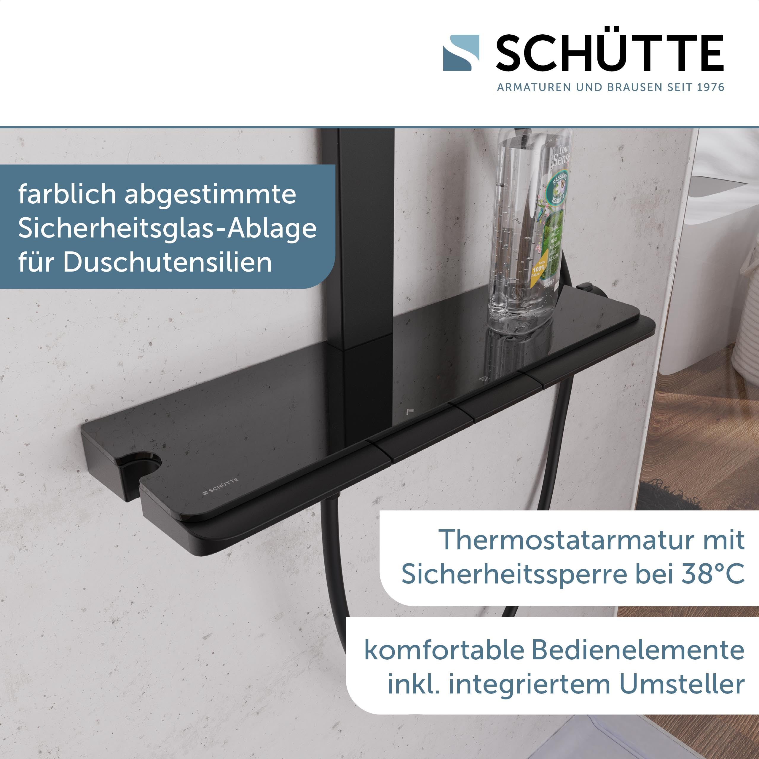 Schütte HAWAII Duschsystem mit Thermostat und Glasablage, Duschset mit 30x20cm Kopfbrause, Regendusche mit Wandhalterung und Duschkopf, Duschpaneel Duschsäule, Schwarz