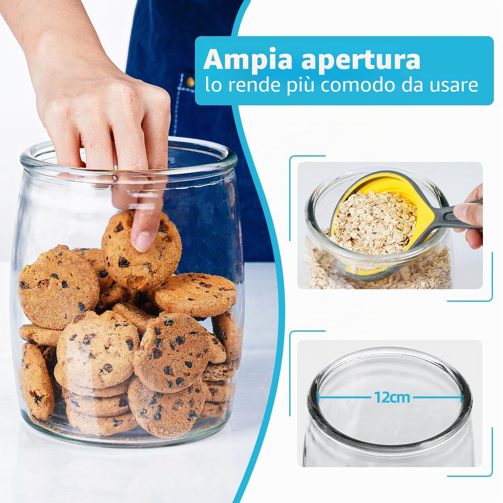 Absovetu Barattolo grande in vetro con coperchio, 2 litri, per biscotti, pasta, cereali, lavanderia, dolcetti per cani
