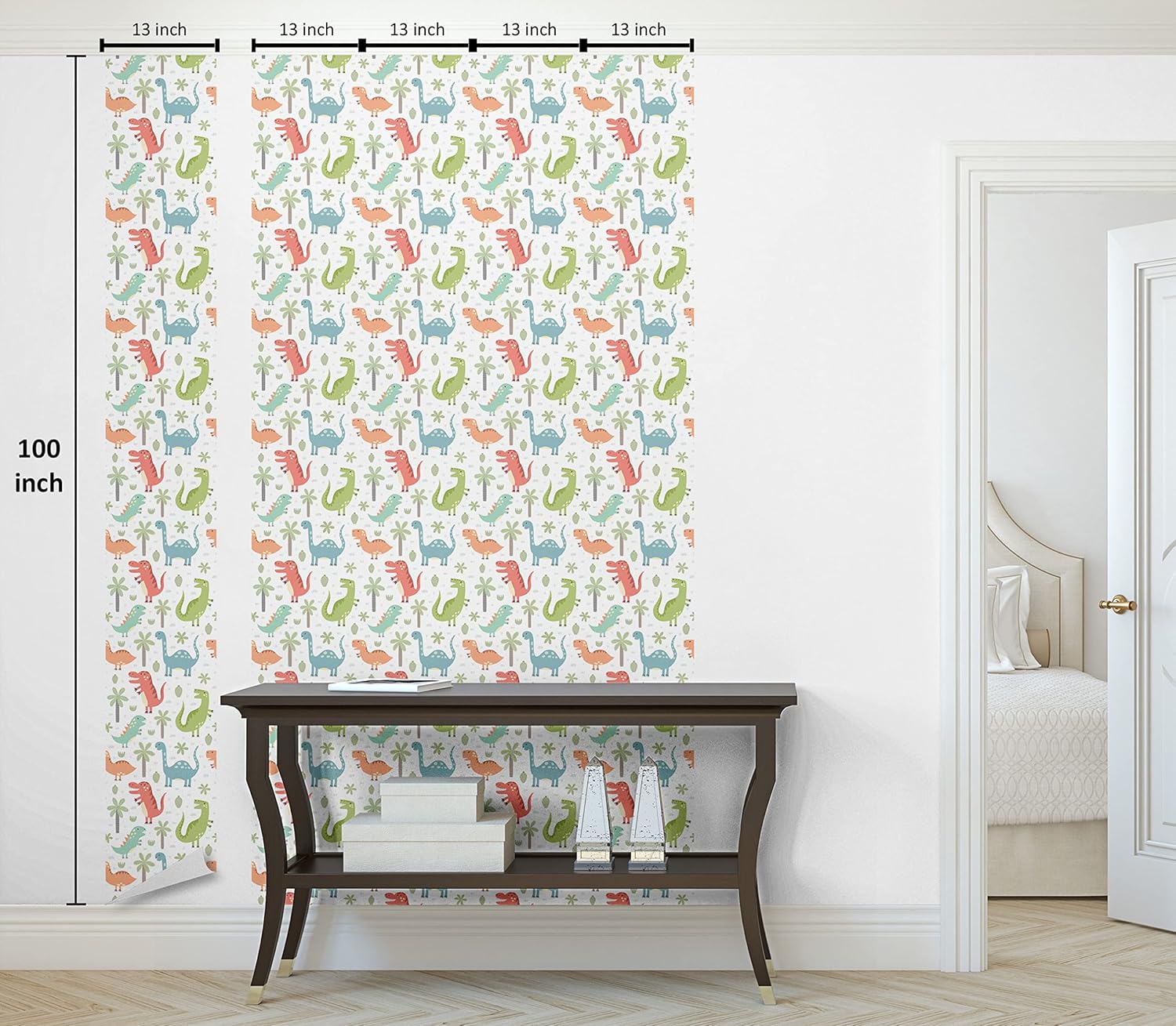 Lunarable Dinosaur Party Peel & Stick Wallpaper for Home, Tyrannosaurus Doodle Shower Birth of Celebration Pattern, Self-Adhesive Living Room Kitchen Accent, 13" x 36", Green Blue Coral