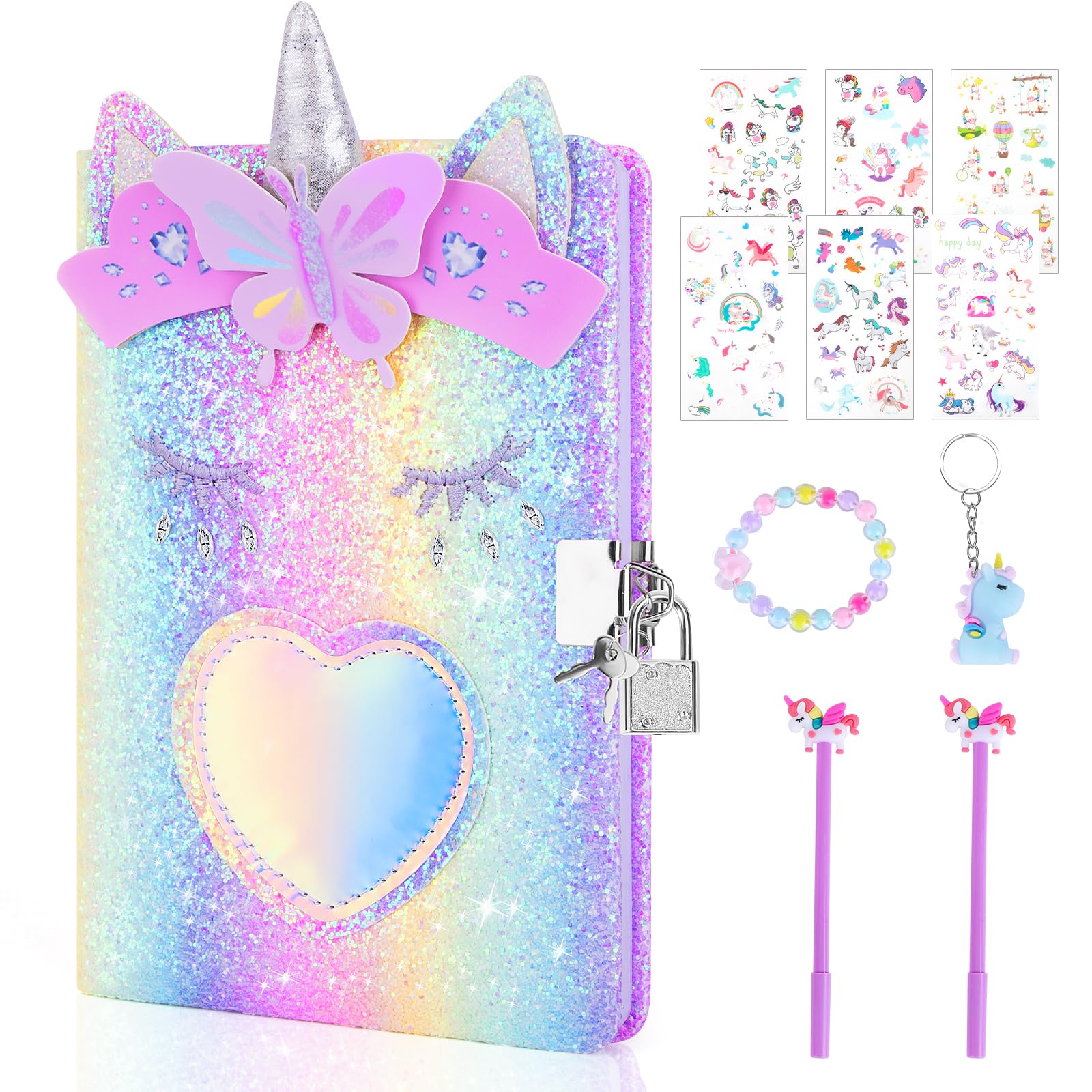 homicozy Unicorn Diary with Lock,Gift for 6 7 8 Year Old Girl,Glitter Seceret Journal for Kids with 160 Pages,Shiny Notebook for Writing and Drawing,Cute Stationery Back to School Gift