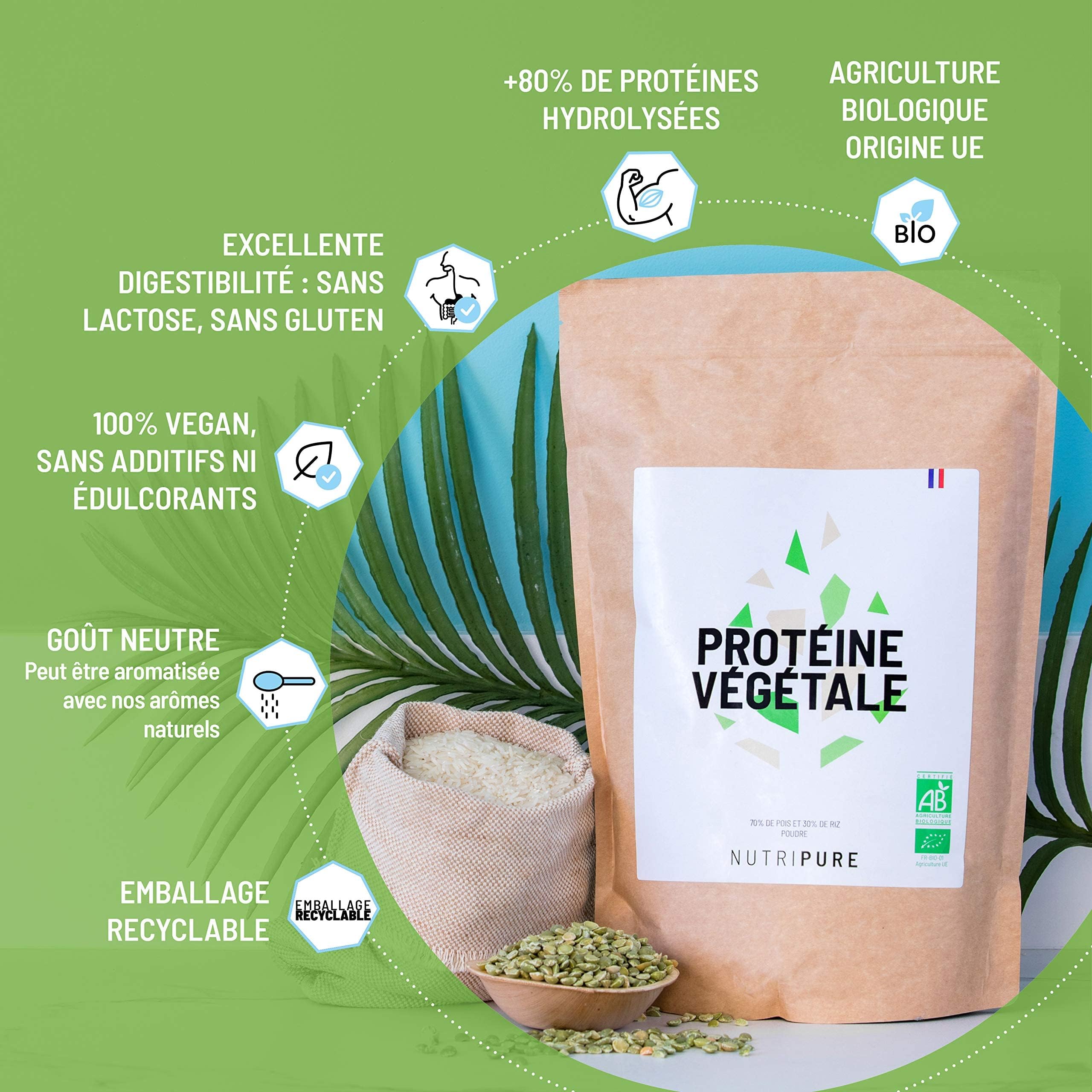 Nutripure | Protéine Vegan Bio | Neutre | Complément Alimentaire Sport & Musculation | Protéine Végétale de Pois et de Riz, BCAA, EAA | 750gr | 15 à 30 portions | Made in France