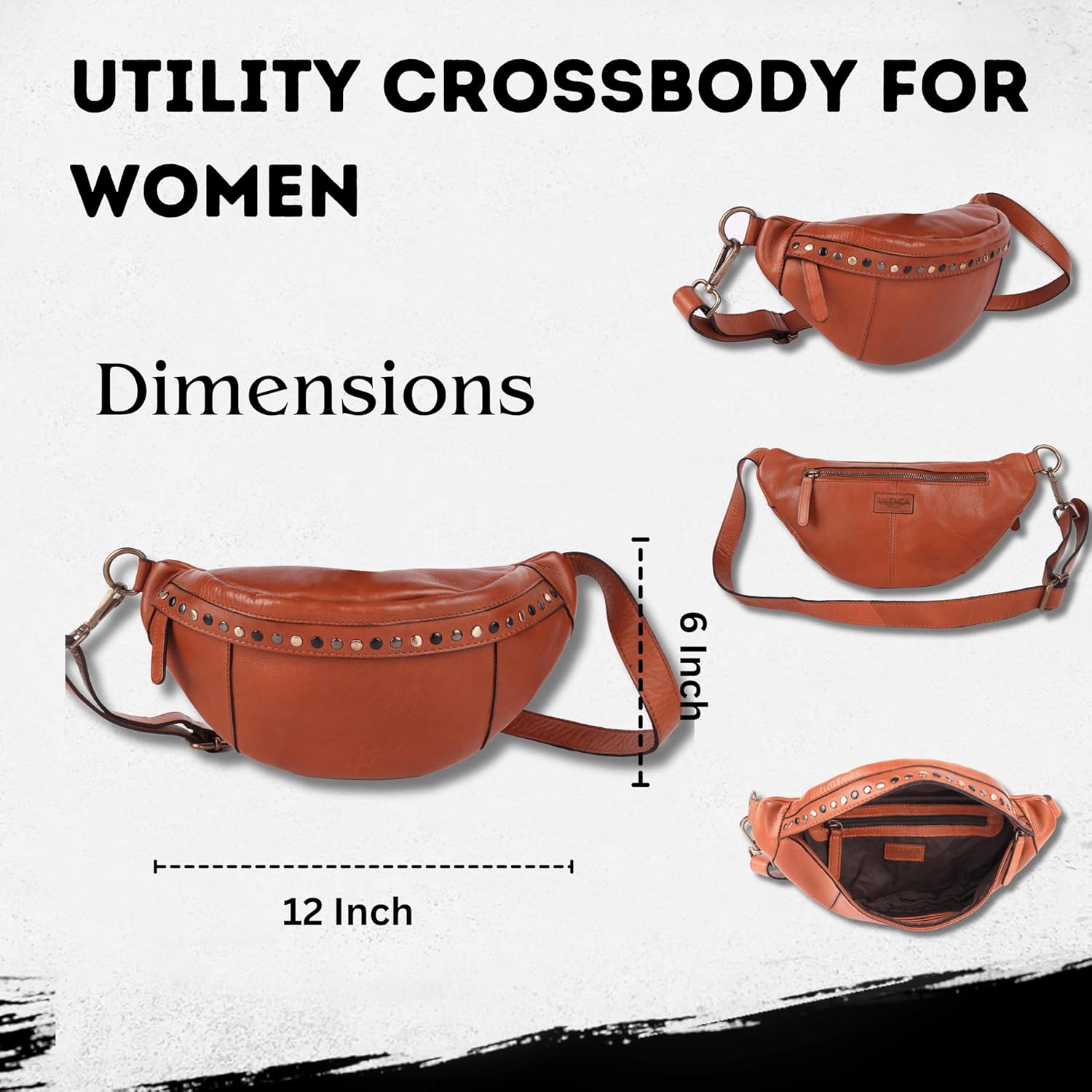 Genuine Italian Leather Boho Studded Waist Bag – Stylish & Durable Unisex Travel Fanny Pack for Essentials (Cognac) - Image 3