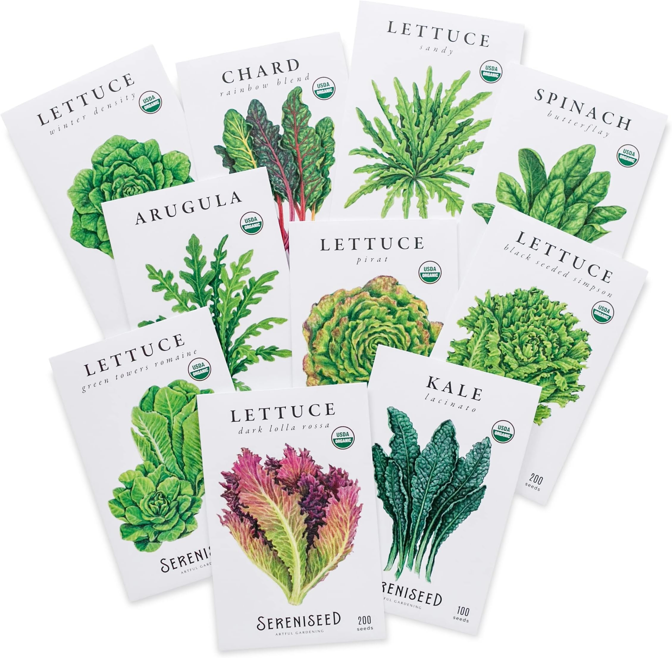 Sereniseed Certified Organic Leafy Greens Lettuce Seeds Collection (10-Pack) – 100% Non GMO, Open Pollinated – Grow Guide