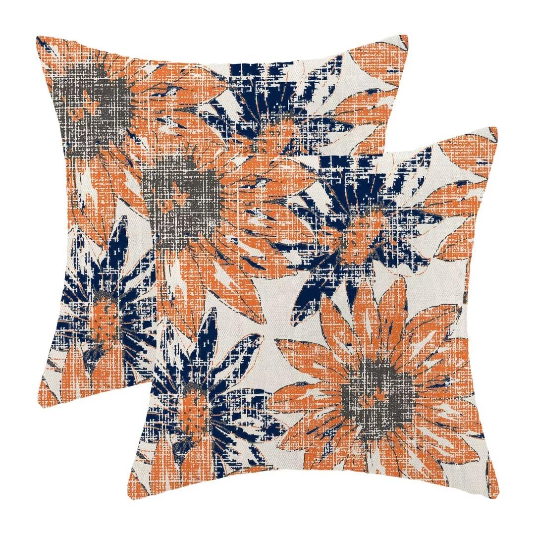 BETGINY Orange Blue Pillow Covers 18x18 Set of 2, Retro Sunflower Flowers Decorative Throw Pillow Covers Outdoor Linen Farmhouse Modern Art Floral