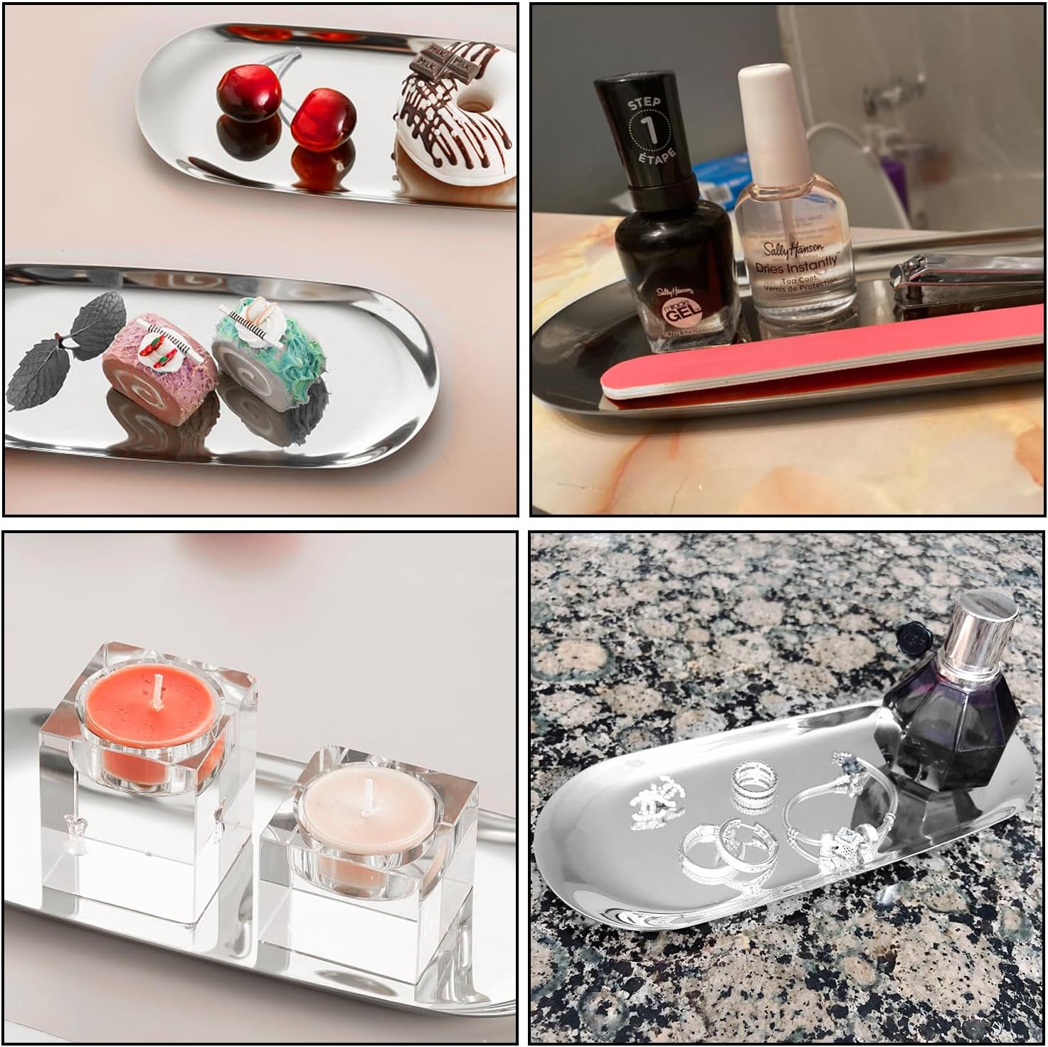 Stainless Steel Decorative Tray 2 Pack 9 Inch Oval Silver Trays Metal Platter for Trinket Jewelry Dish Bathroom Soap Cosmetics Makeup & Clutter Organizer