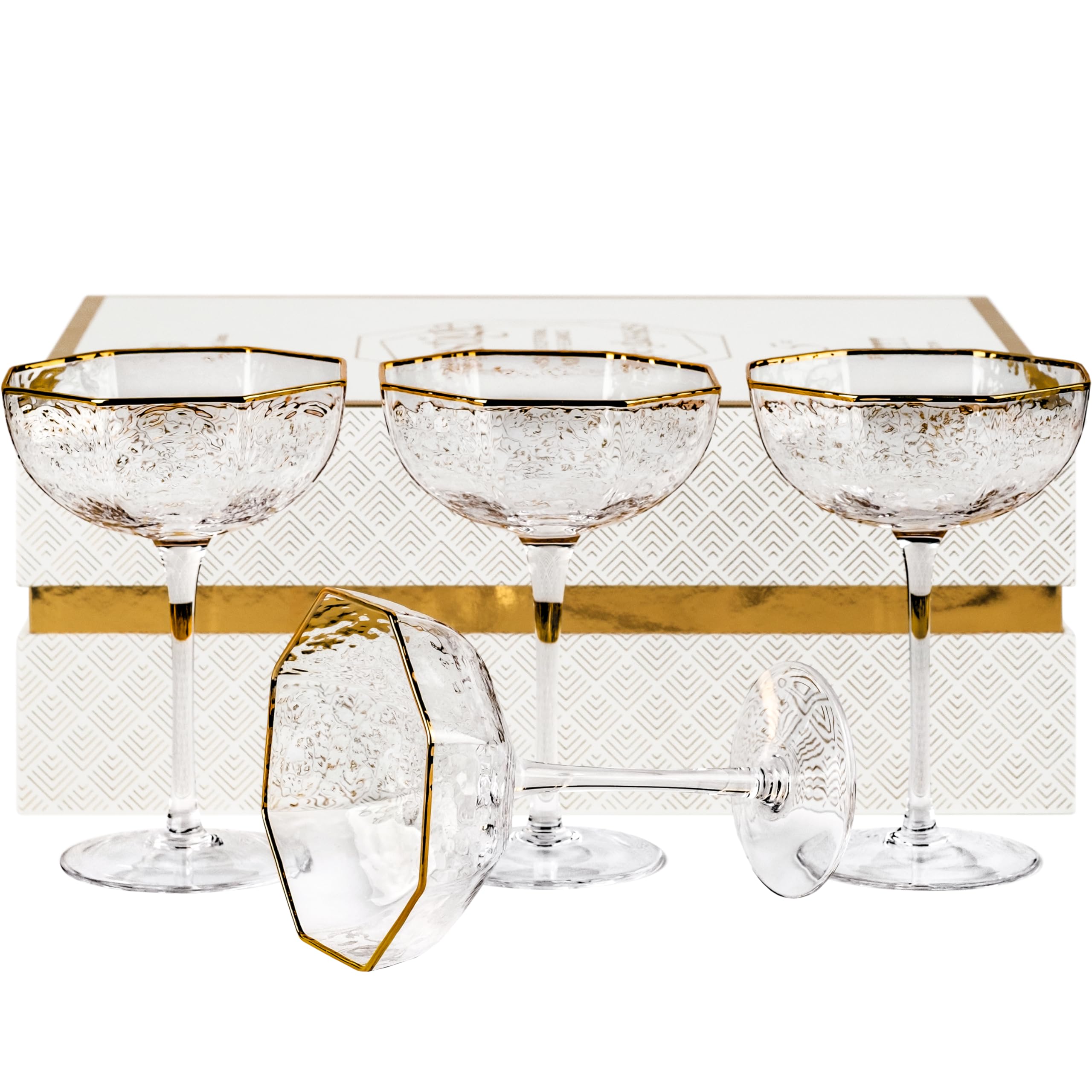 Bicchieri piccoli da 150 ml, ottagonali Prestige Coupé, con bordi dorati, per cocktail e champagne, set da 4, in cristallo angolato, a stelo lungo, per espresso Martini, Daiquiri, Gimlet, Cosmopolitan