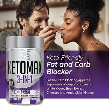 NDS Nutrition Keto-Max Advanced 3-in-1 - Keto Pills for Fat Loss Support Carb Blocker Appetite Suppressant - White Kidney Bean, Chitosan, Raspberry Ketones, and Vanadium (90 Capsules)