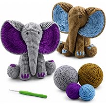 JYZJDKE Crochet Kit for Beginners Adults - DIY Amigurumi Elephant Knitting Starter Kit with Yarn Sets, Crochet Animal Kit Cute Stuffed Animal Craft Birthday Gifts Grey Purple+Coffee Blue Elephant