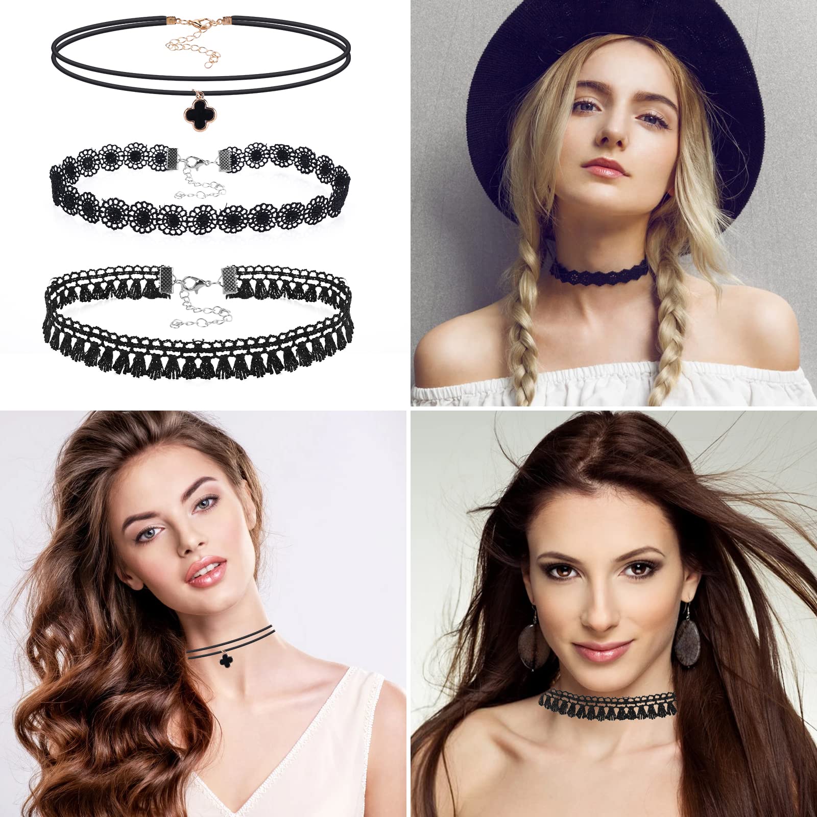 ASTER Zestaw 15 czarnych naszyjników typu choker, dla kobiet, dziewcząt, gotycki kołnierz, koronka, Halloween, Boże Narodzenie