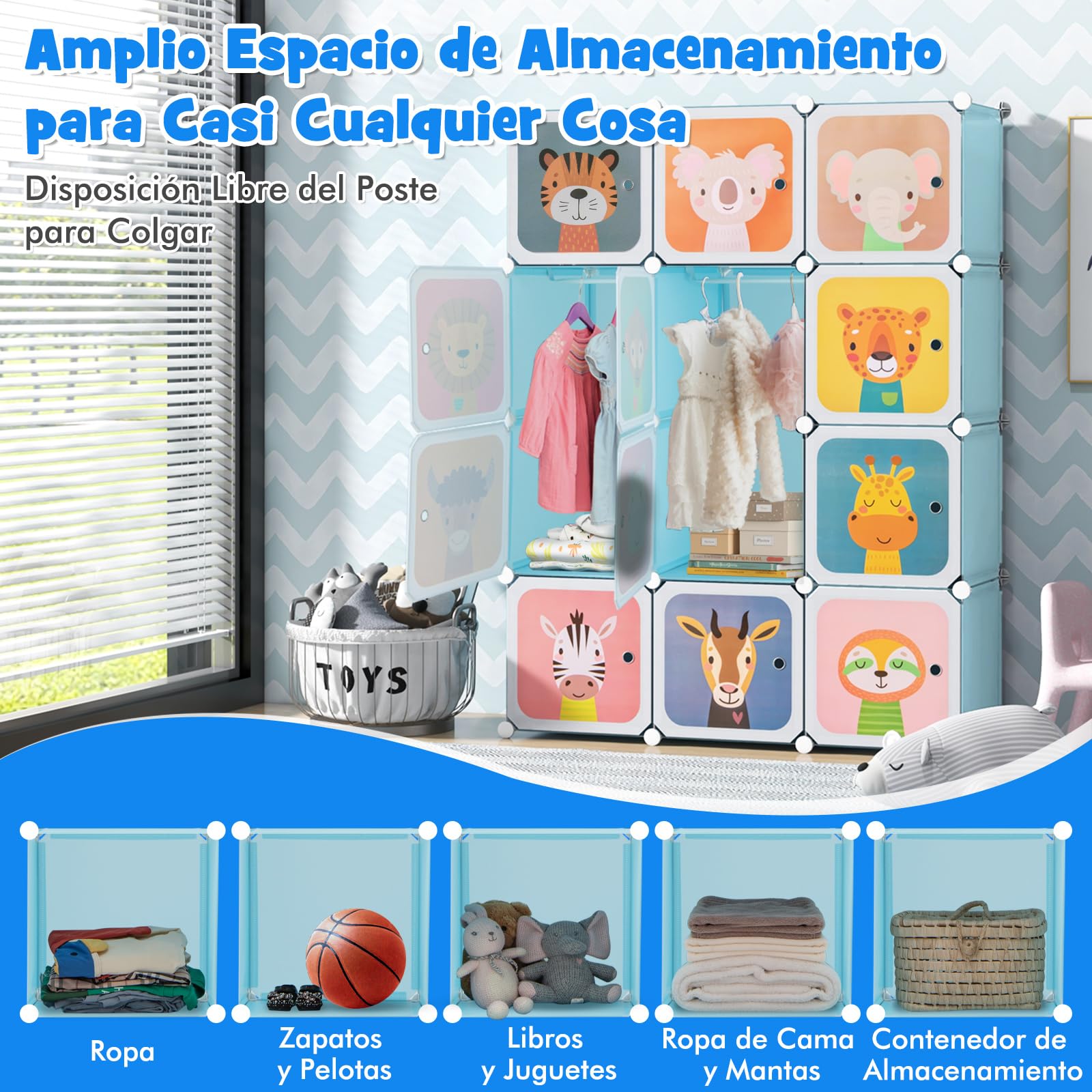 COSTWAY Armario Modular Infantil de 12 Cubos, Organizador con 2 Secciones para Colgar, Cajonera para Juguetes (Azul)