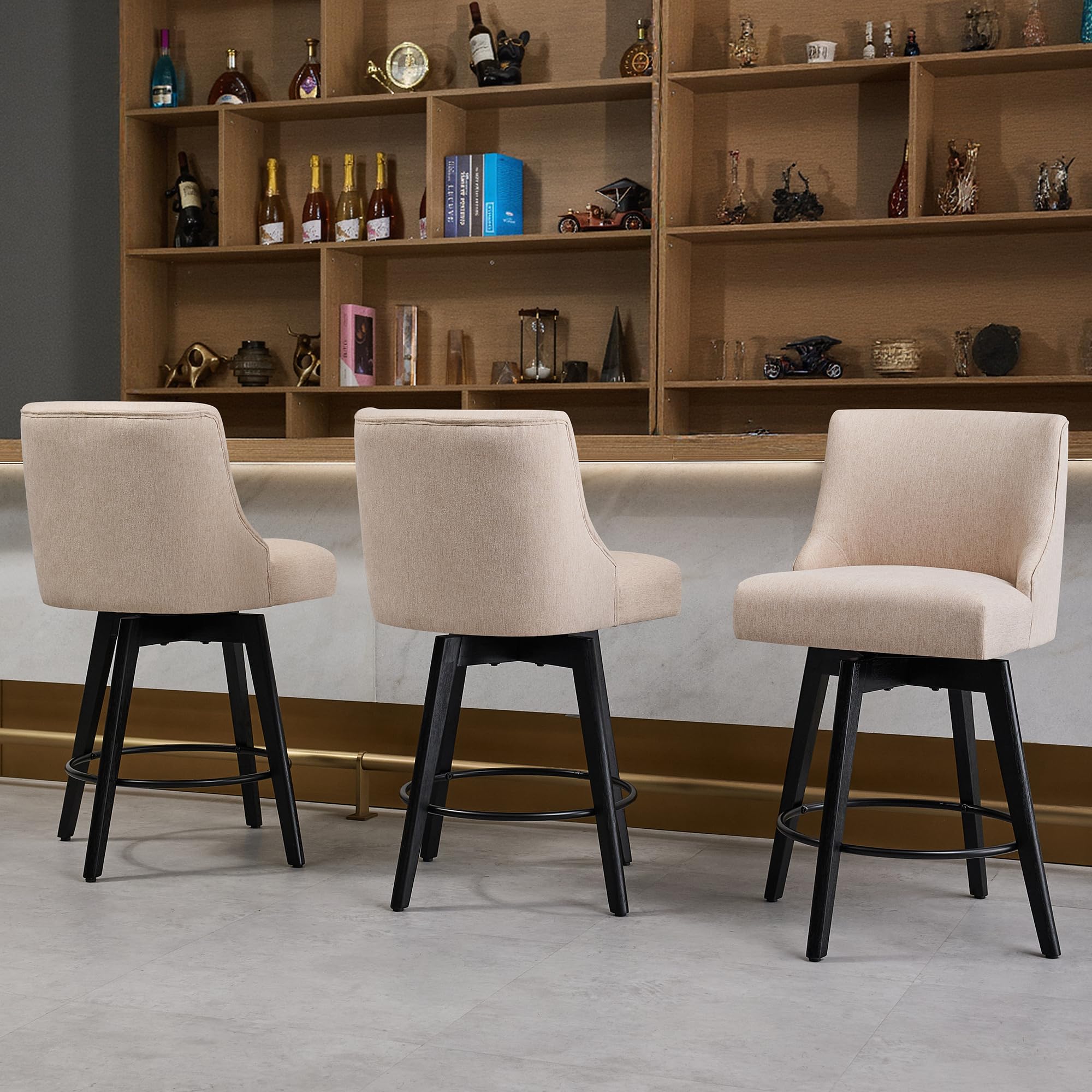 Erdoru Counter Height Bar Stools Set of 3,Swivel Barstools with Backs and Wood Legs,Linen Fabric Upholstered Counter Stools for Kitchend Island,