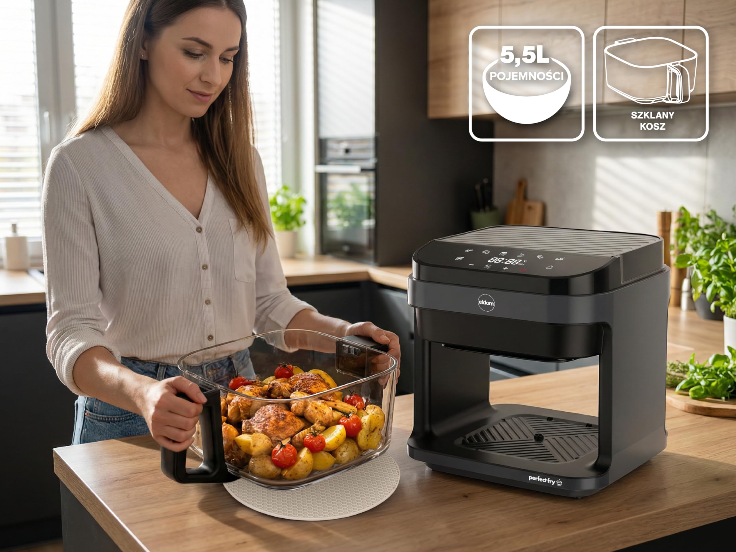 Freidora de aire caliente, 5,5 L, con recipiente de cristal, airfryer sin aceite, 1200 W, 8 programas, descongelación, pantalla táctil LED, 40 – 200 °C, incluye rejilla y alfombrilla de silicona