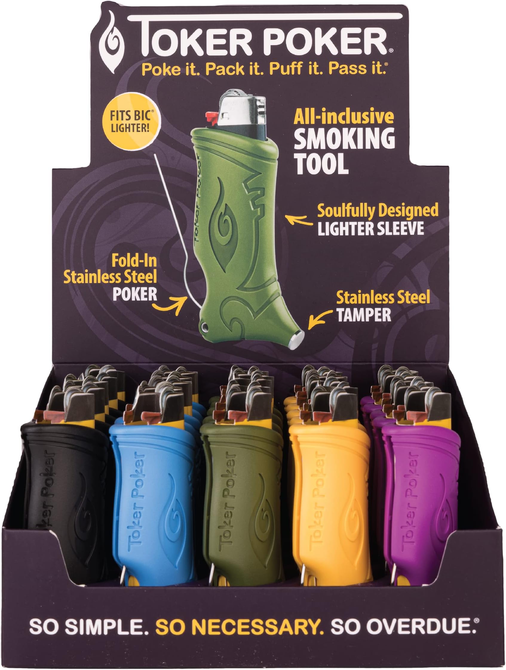 Toker Poker - The Ultimate All Inclusive Lighter Tool; Includes Lighter Case, Retractable Stainless Steel Poker, Stainless Steel Tamper & Securely Holds 5ft of Wick (Mixed Color, 25 Unit Display Box)