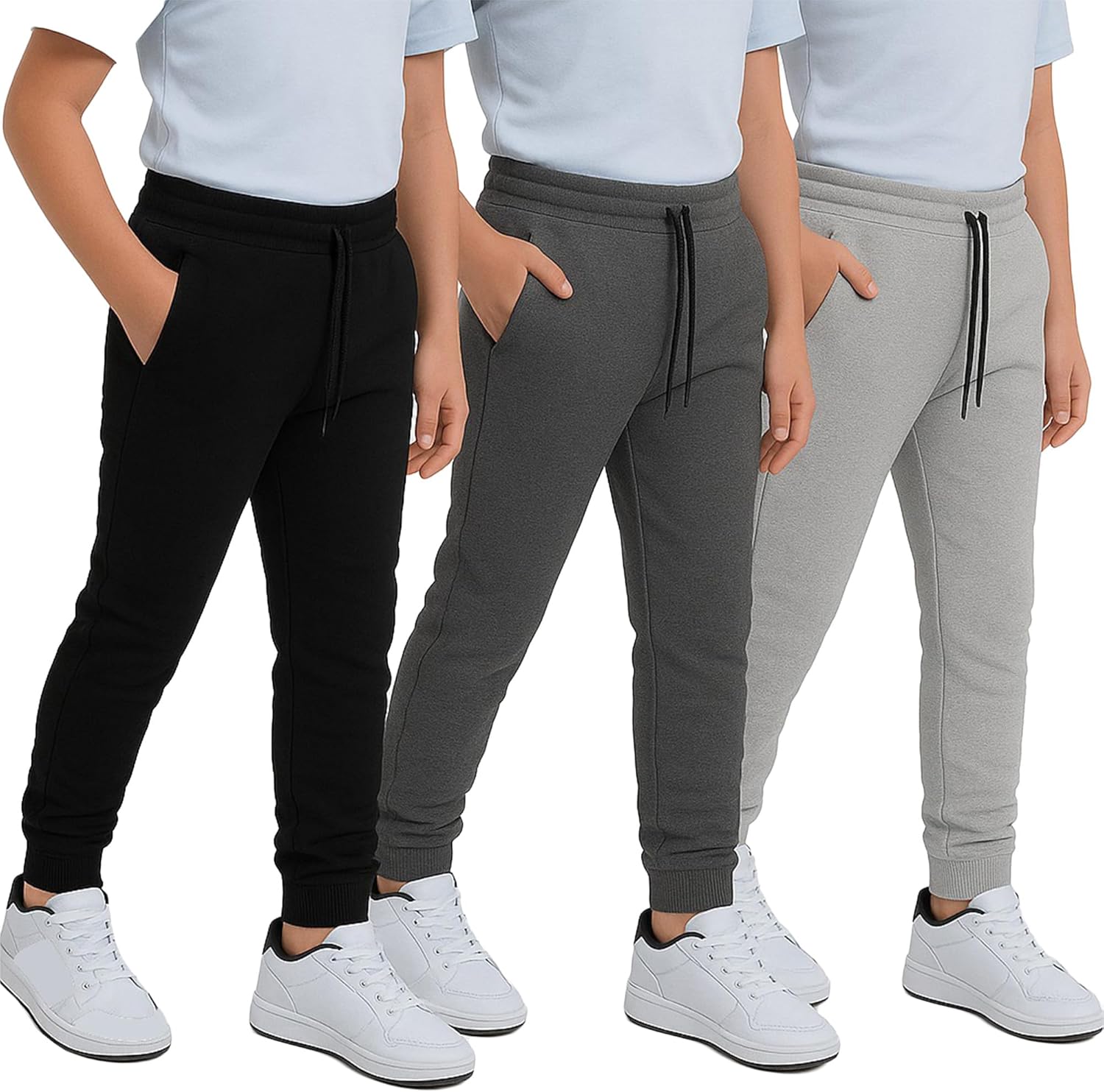 Boys Sweatpants 3Pack - Fleece Joggers, Drawstring & Pockets, Slim Fit - Order 1 Size Up for Relax Fit