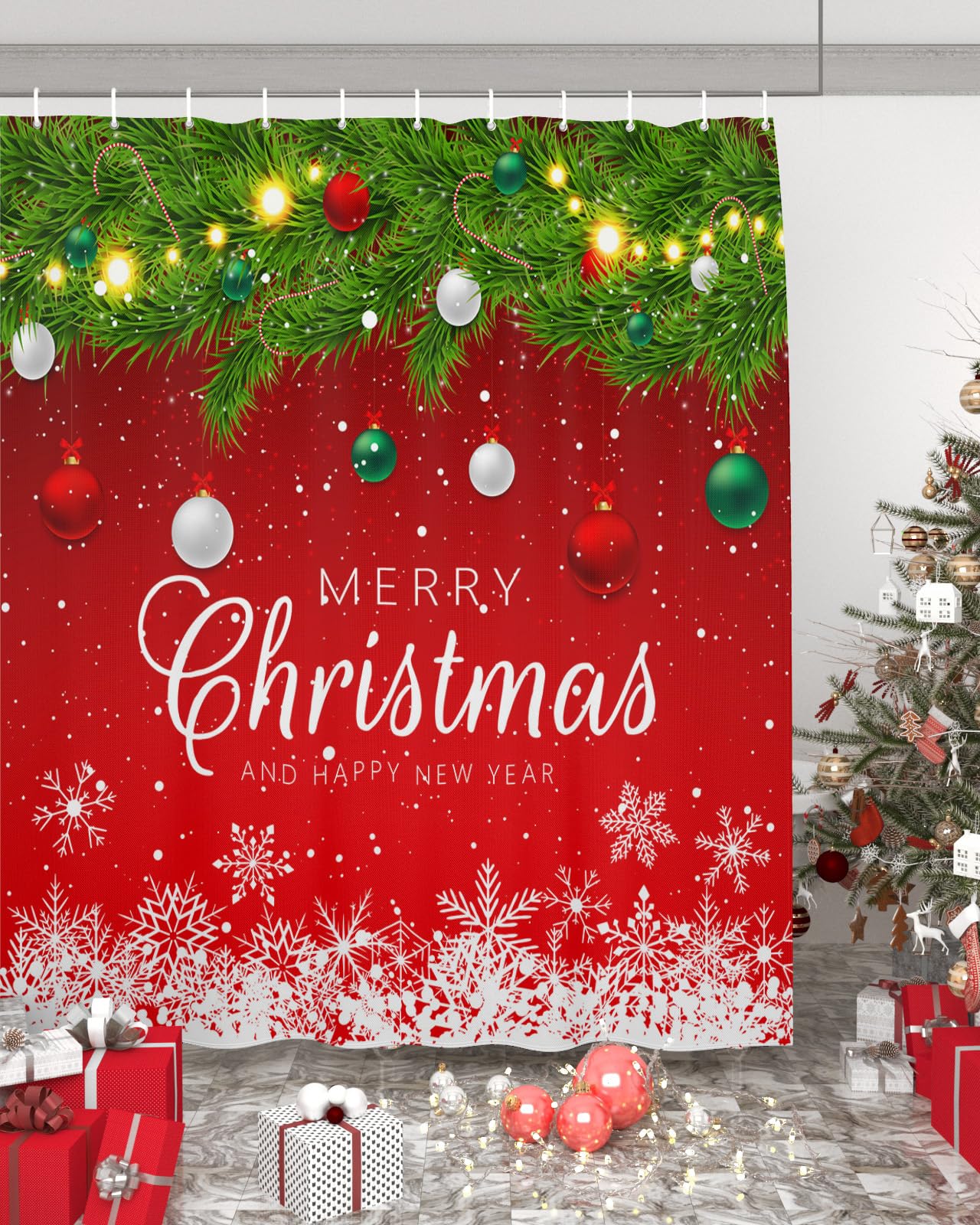 Merry Christmas Shower Curtains for Bathroom, Christmas Tree Ball Shower Curtain Set with Hooks Red Waterproof Fabric Bathroom Curtains for Showers Bathtubs Winter Holiday Bath Decoration 72x72 inch