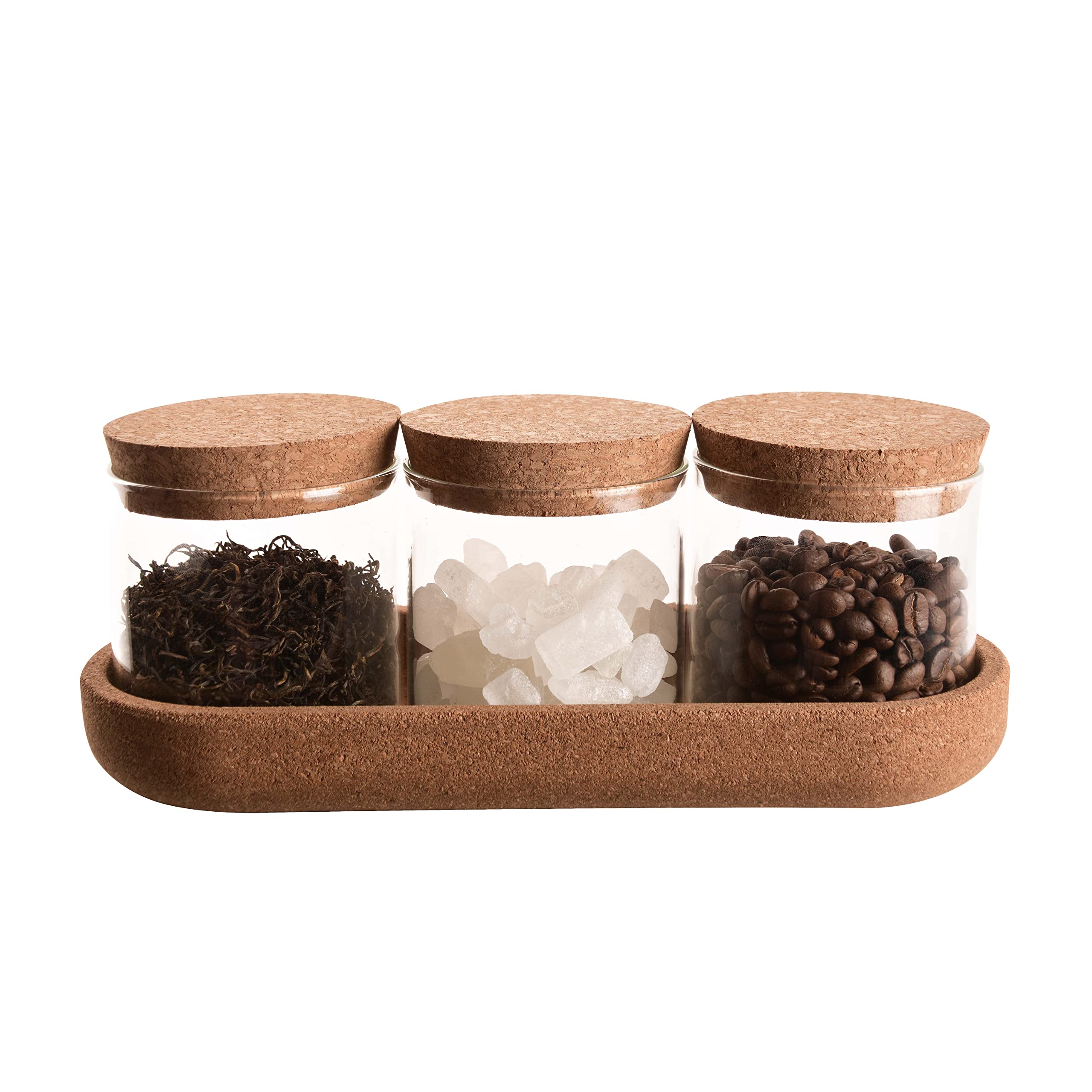 ORNAMI Set of 3 clear Glass jars with Natural Cork lid and Cork Stand, Canister Storage Containers for Spices, Seasoning, Seeds, Grains, Sugar and Salt
