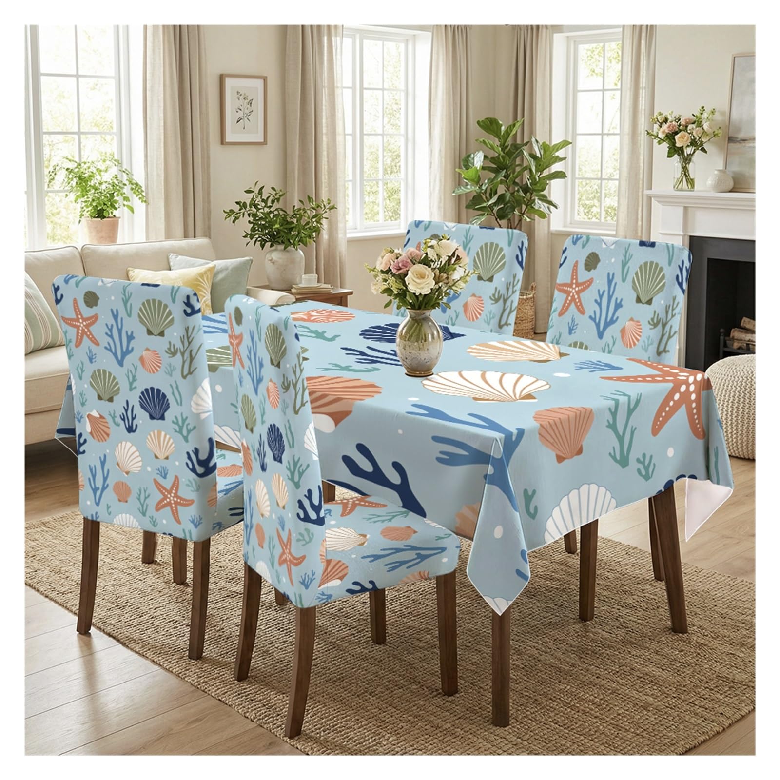 Housses de chaise extensibles et nappe coquillages | Lot déco cuisine marine