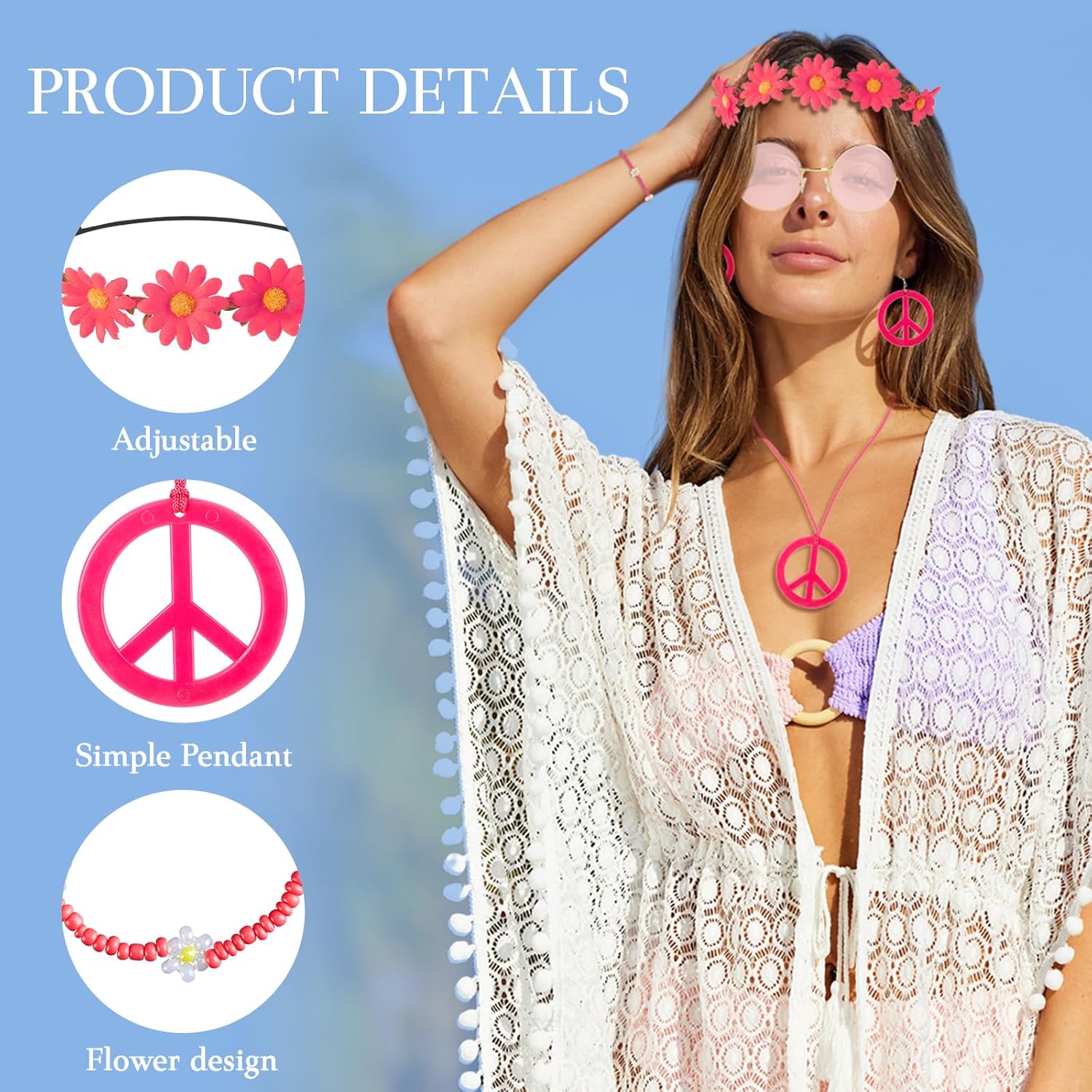6PCS Hippie Costume Accessories Set, 60s70s Retro Hippie Glasses Peace Sign Earrings and Necklace Sunflower Hair Band - Image 3