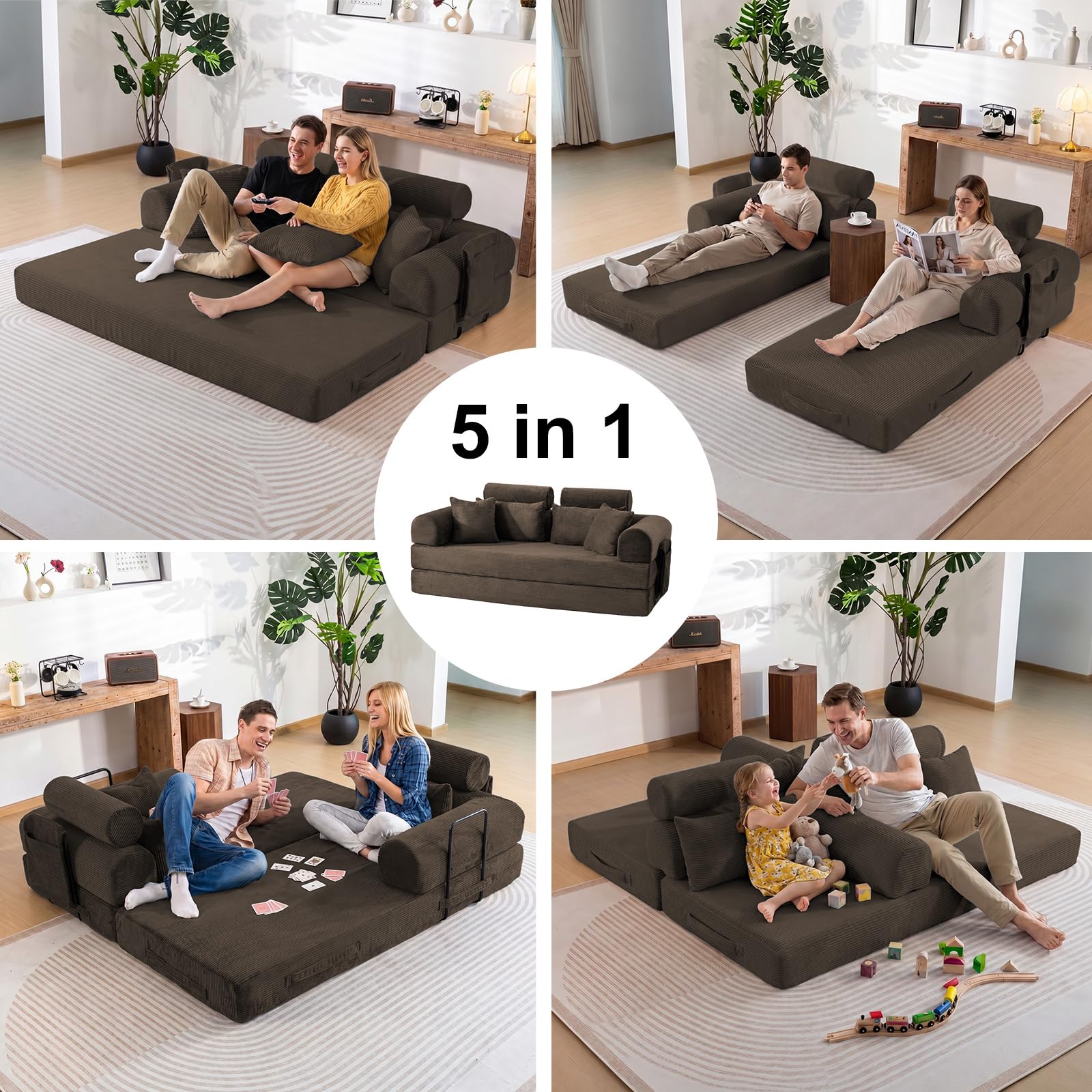79" Convertible Futon Sofa Bed,High Back Boneless Couch for Living Room | 5-in-1 Corduroy Boneless Loveseat Sleeper, Futon Couch with Ergonomic Support & Side Storage Pocket, No Assembly,Brown