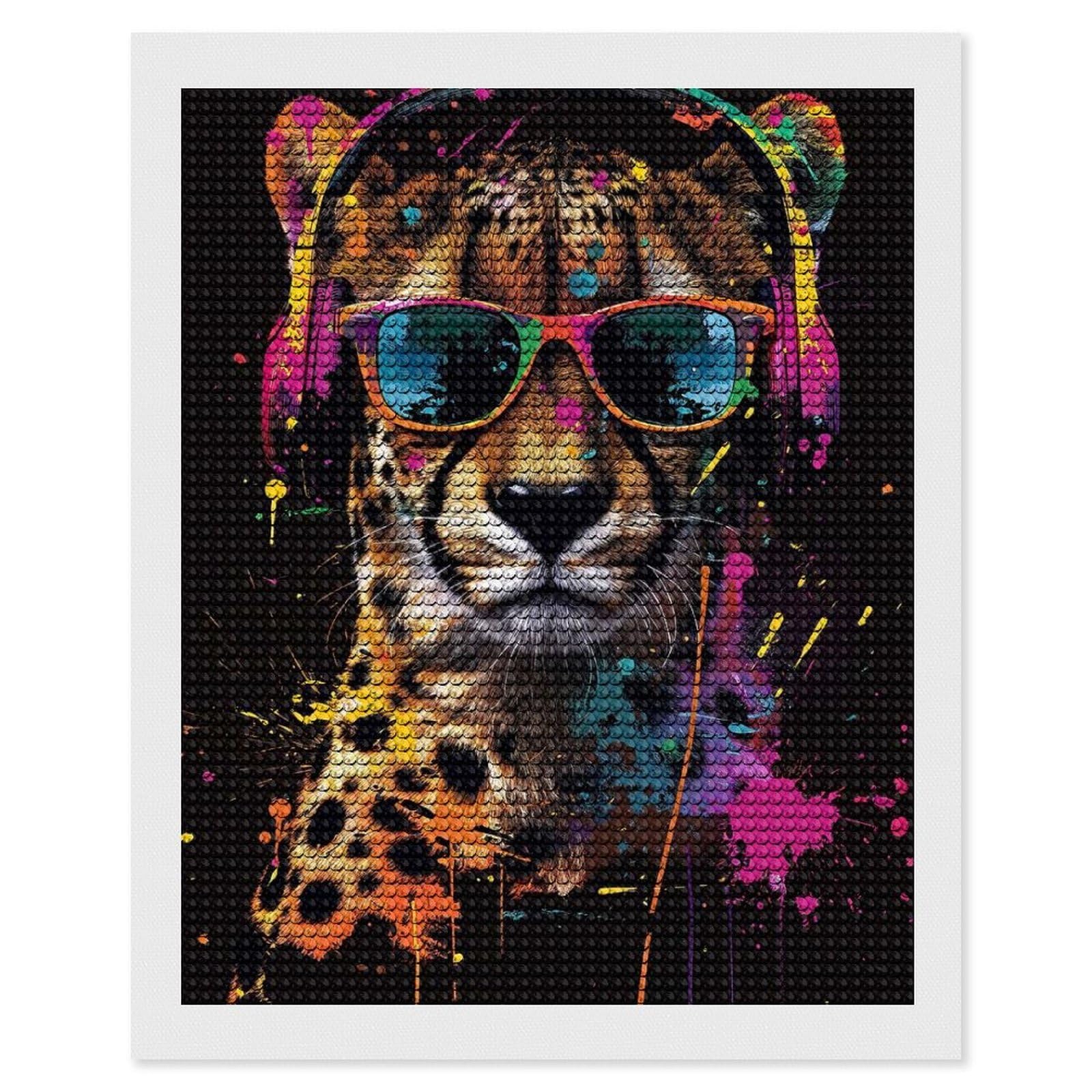 Junmoney Cheetah Colorful Diamond Art Kit 16"x20", Modern Decor, Farmhouse Decor, Home Wall Art, Festive Craft Gift, Handmade Wall Decor