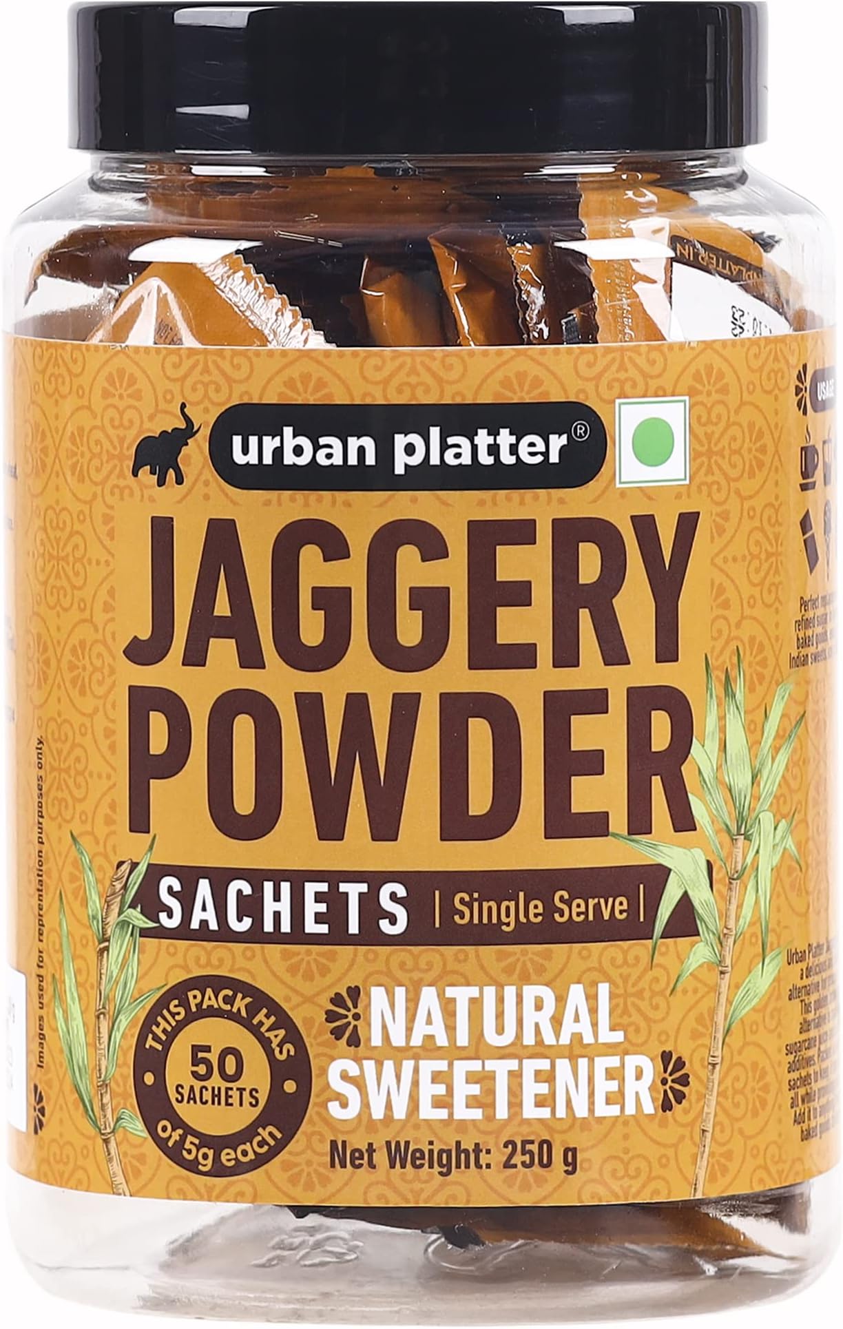 Urban Platter Jaggery Powder Sachets, 250g / 8.8oz [50 Sachets, 5 Grams Each]