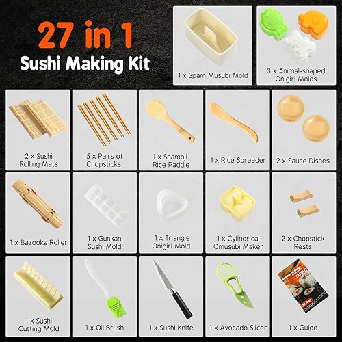 Miniatura 7 de Delamu Kit de fabricación de sushi 27 en 1 Padre-Hijo Kit de sushi para principiantesprofesionales, con alfombrillas de sushi de bambú, bazuca de