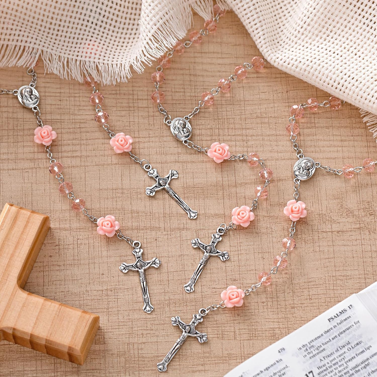 ROCEEI Catholic Rosary Beads Necklace for Women Crystal Beads Flowers Necklace Rosaries Prayer Gifts with Organza Bags for First Communion Confirmation Christmas Baptism Favors