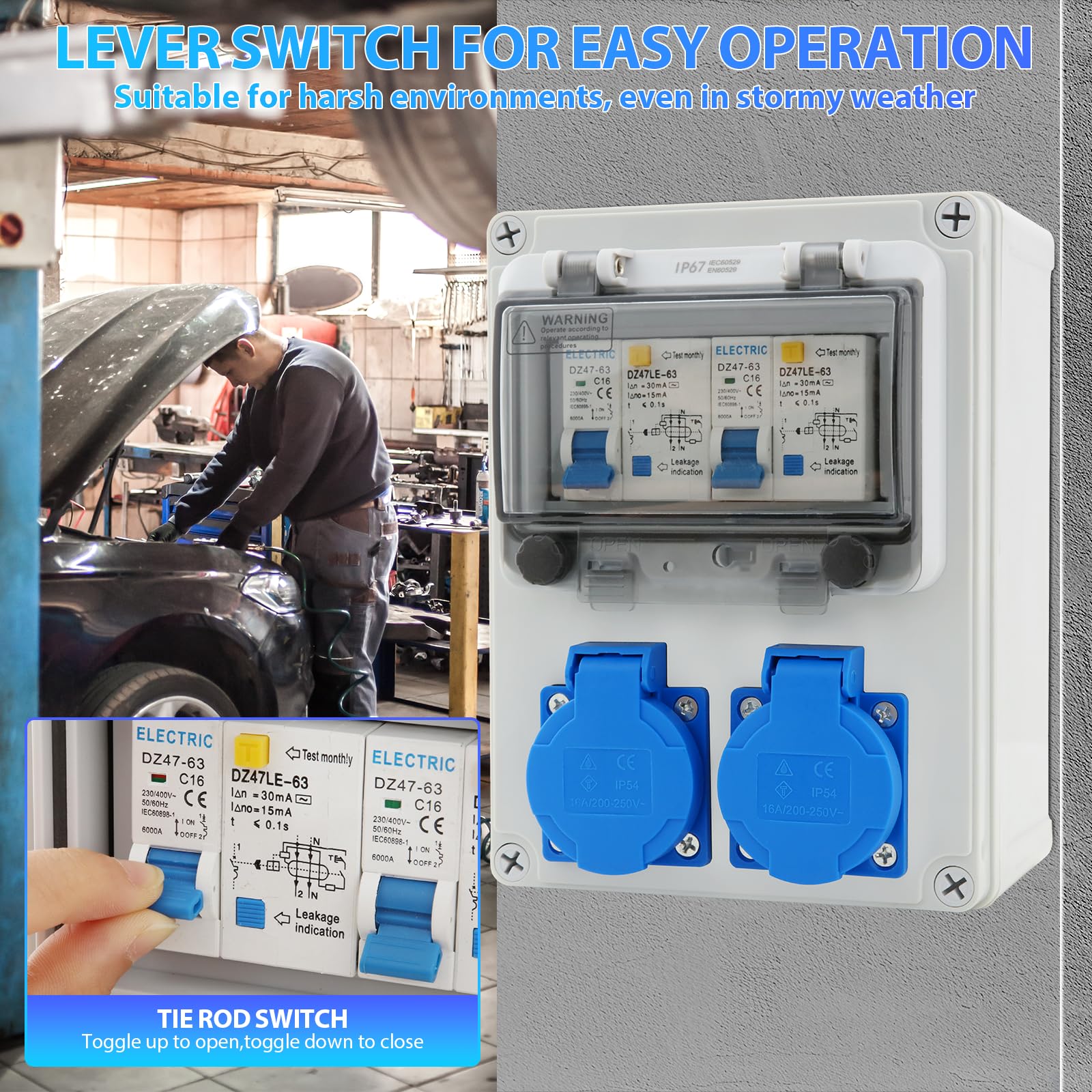 Distribuidor de Corriente 16A para Construcción, con Interruptor FI, IP67 Estanco, con 2 tomas de 230V, para Uso en Interiores y Exteriores, Talleres y Fábricas