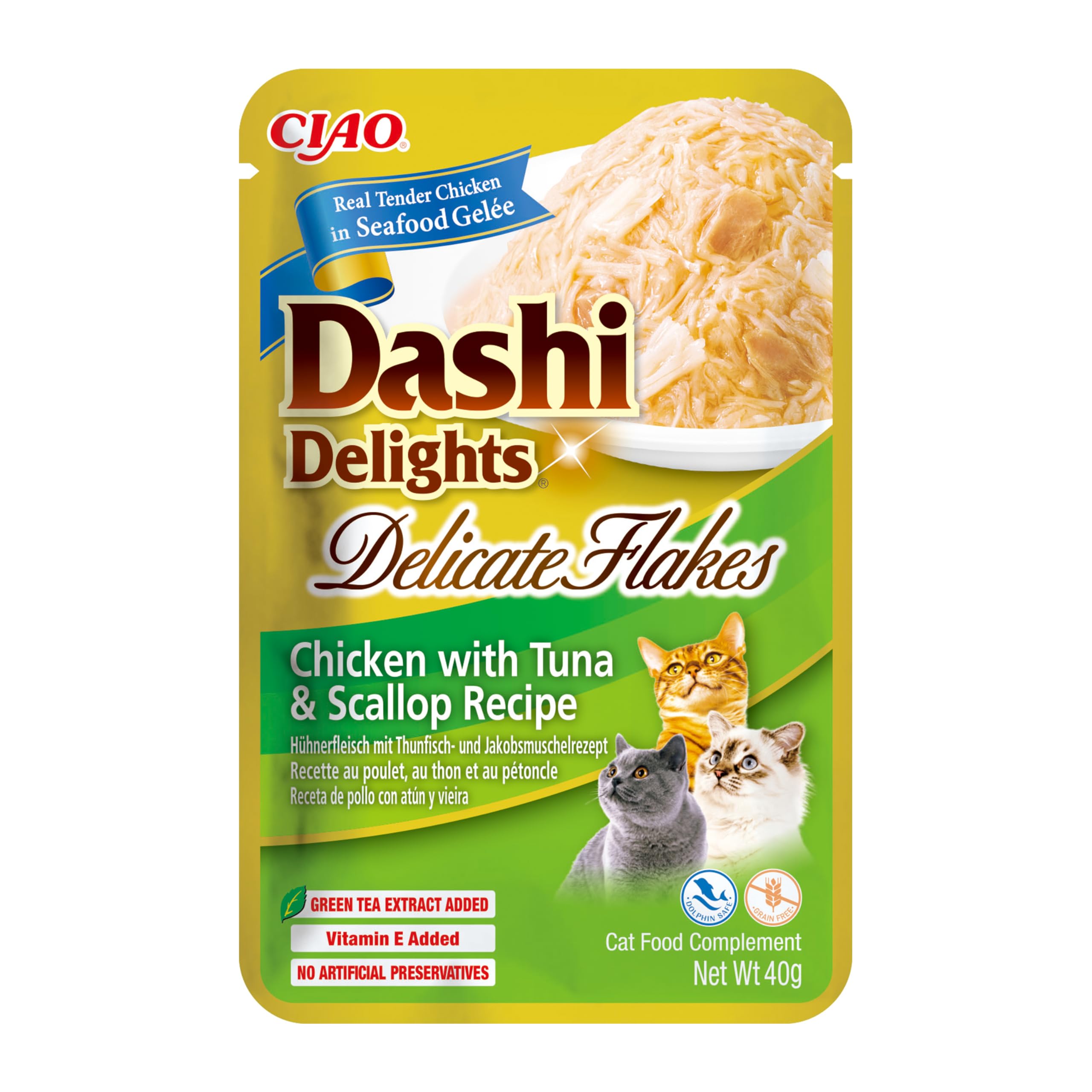 INABA Dashi Delights Delicate Flakes, Wet Food for Cats with Chicken, Tuna and Scallops, Flakes in Fish Broth, Rich in Protein, Natural Ingredients, Complementary Meal, 1 Pack of 40g