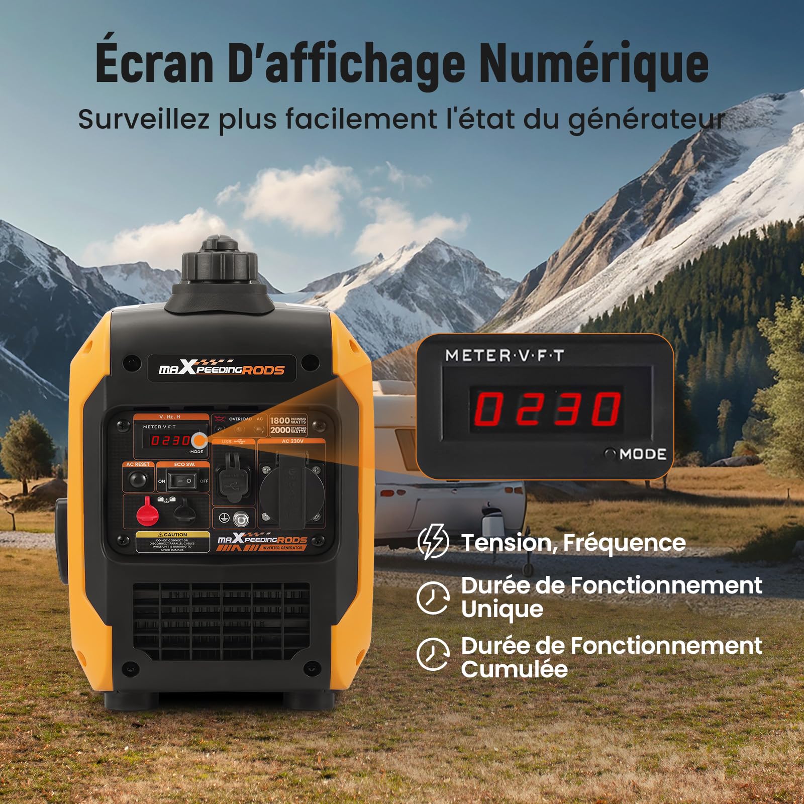 maXpeedingrods 2000W Generateur Electrique Groupe Electrogene Inverter Silencieux Essence 4 Temps avec Prises USB et 230 V, Affichage Numérique, Compact et Léger pour les Caravanes Camping VR