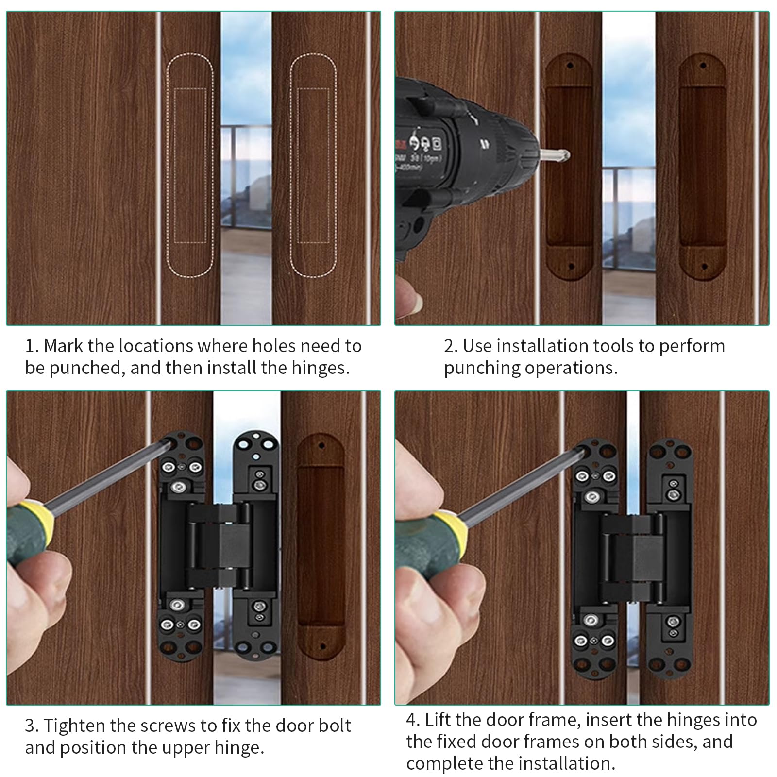 Lot de 2 charnières pour porte en bois - Charnières dissimulées et à ailettes - Charnière réglable 3 voies - Balançoire 180° - Bande de porte