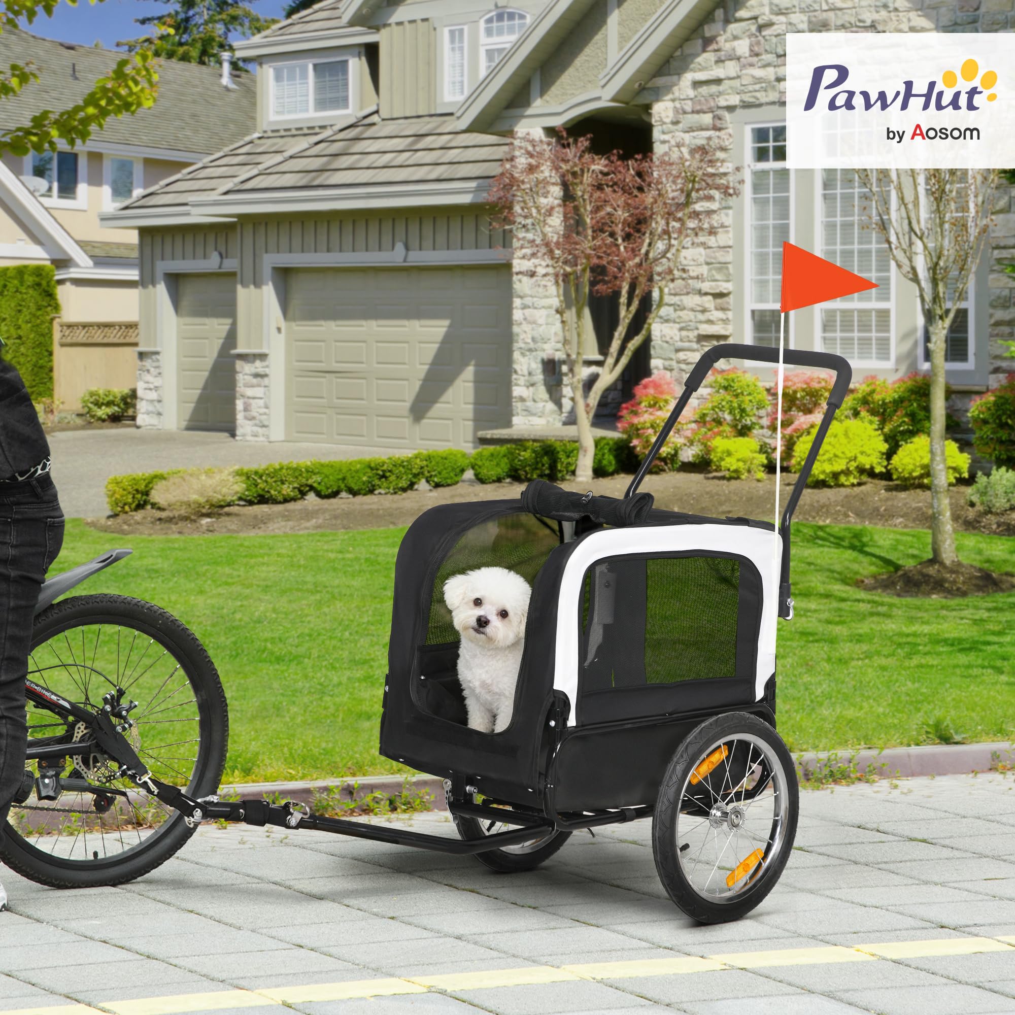 PawHut Remorque vélo Jogger 2 en 1 pour Animaux de Compagnie, remorque à vélo pour Chien, Laisse de sécurité Drapeau Roue Avant pivotante réflecteurs Noir