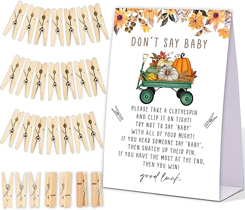 Miniatura 1 de Juego de pinzas para ropa de bebé, juego de calabaza para baby shower, un letrero de 5 x 7 pulgadas y 50 mini pinzas naturales para la ropa, género
