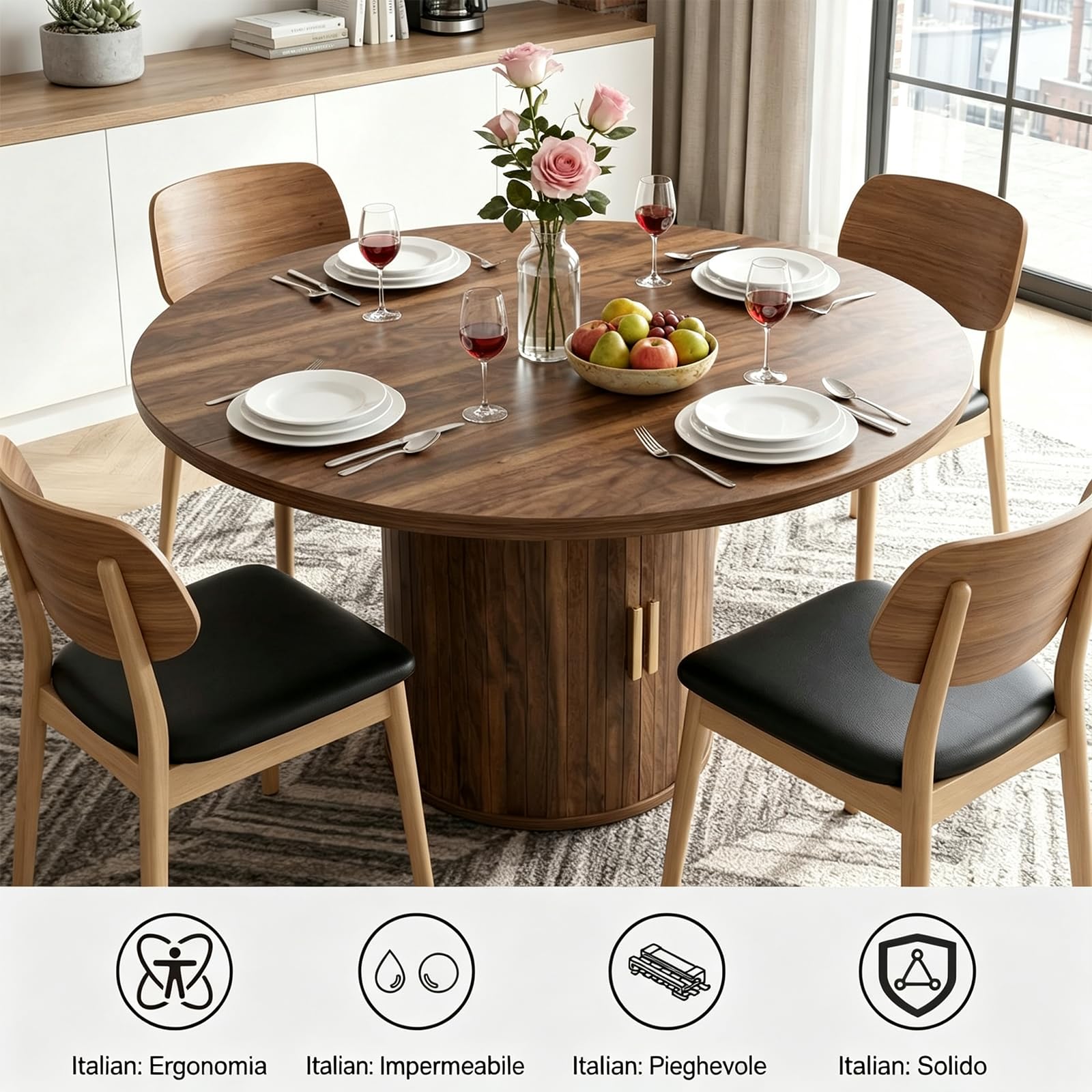 Tavolo da Pranzo da Cucina Rotondo in Legno Massiccio Estensibile