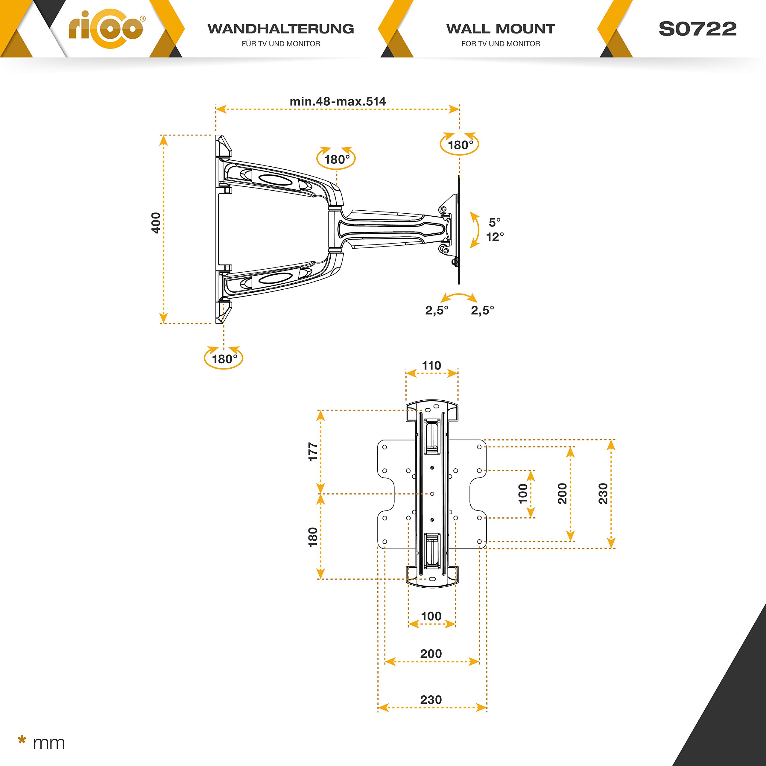 RICOO Soporte TV Pared Giratorio Inclinable Televisión 17-47" (43-119cm) S0722 Brazo articulado Universal Televisor LED/LCD VESA 75x75-200x200