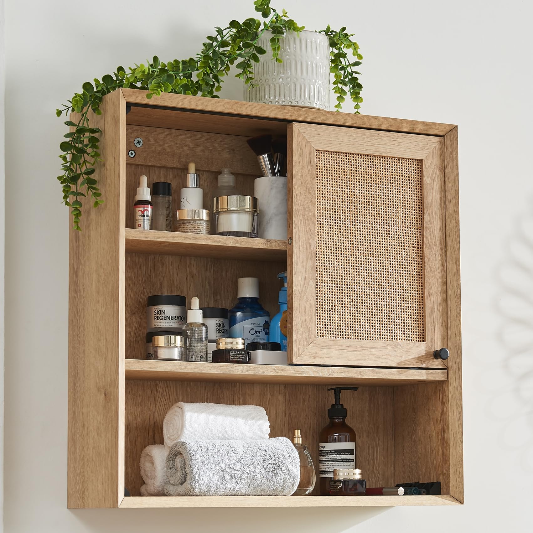 RedLemon Natural Rattan Bathroom Wall Cabinet - Modern Boho Medicine Cabinet with Sliding Door & Adjustable Shelves, Storage Cabinet Wall Mounted for Kitchen, Dining Room, Bathroom Storage, Oak