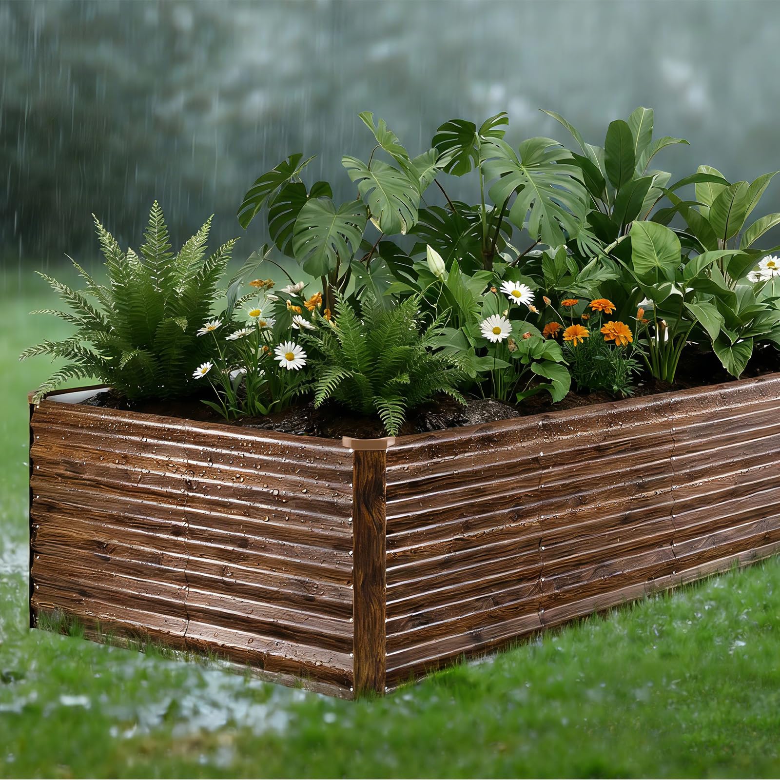 VEVOR Potager Surélevé Métal 240x120x62 cm Carré Potager Surélevé Rectangulaire Lit de Jardin pour Culture Légumes Fleurs, Fond Ouvert, Galvanisé Aluminium-Zinc, avec Gants, Aspect Grain Bois Foncé