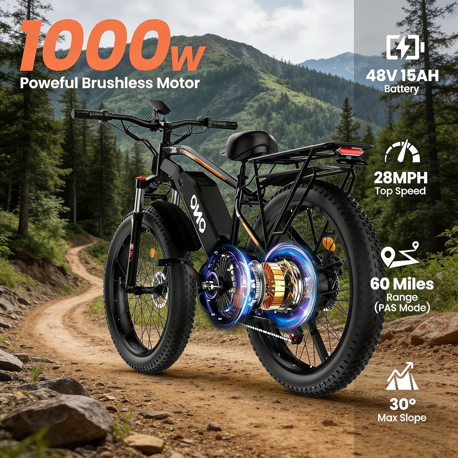 1500W Peak Adult Electric Bike, UL 2849 Certified, 48V 15AH 60 Miles Range, 26" Fat Tire Off-Road E-Bike, 28MPH 7 Speed Mountain Electric Bicycle for Commuters & Outdoor Enthusiasts
