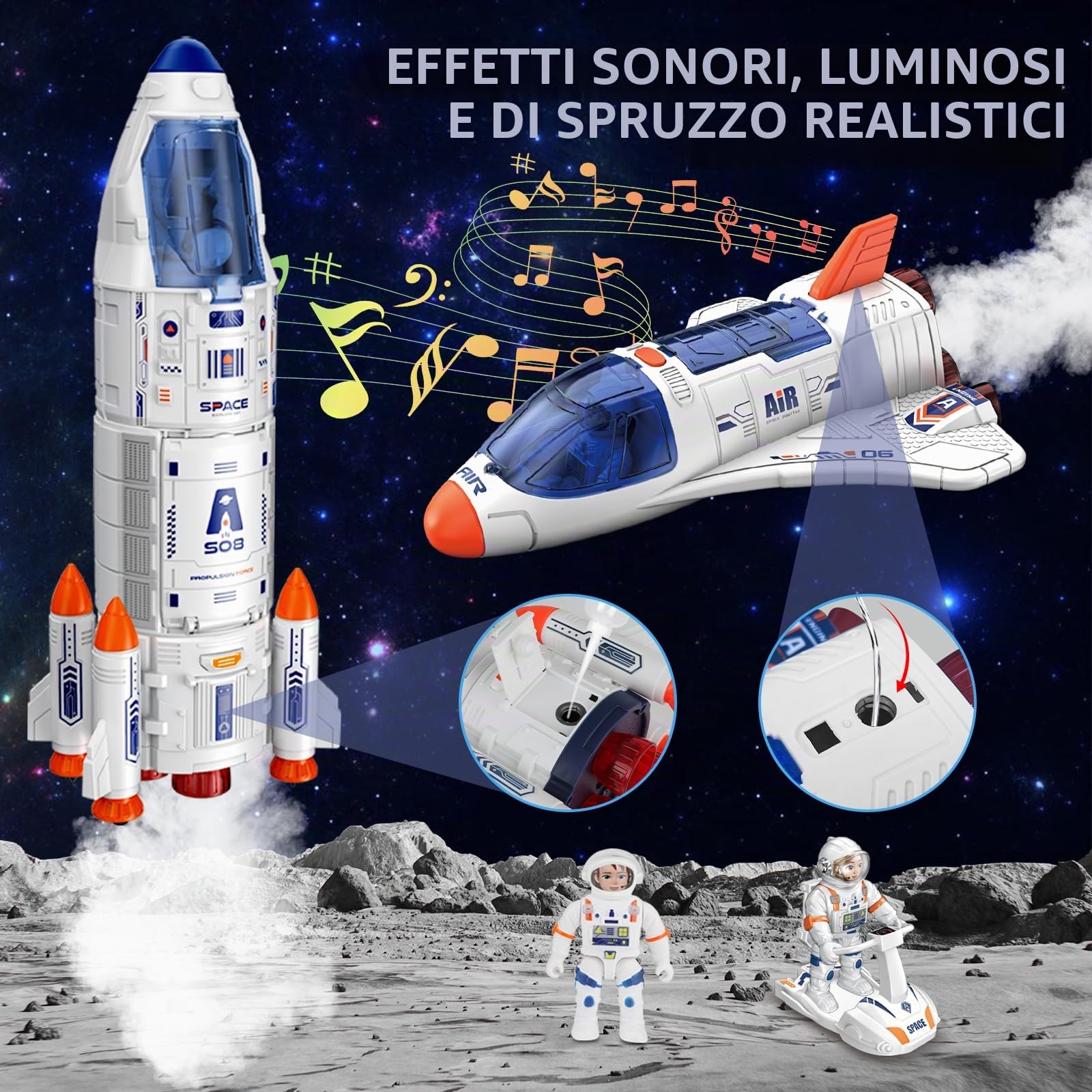 deAO Razzo e Navetta Spaziale per Bambini 3+, Giocattolo Educativo STEM con Astronauti, Rover, Stazione Spaziale e Tappetino Sistema Solare